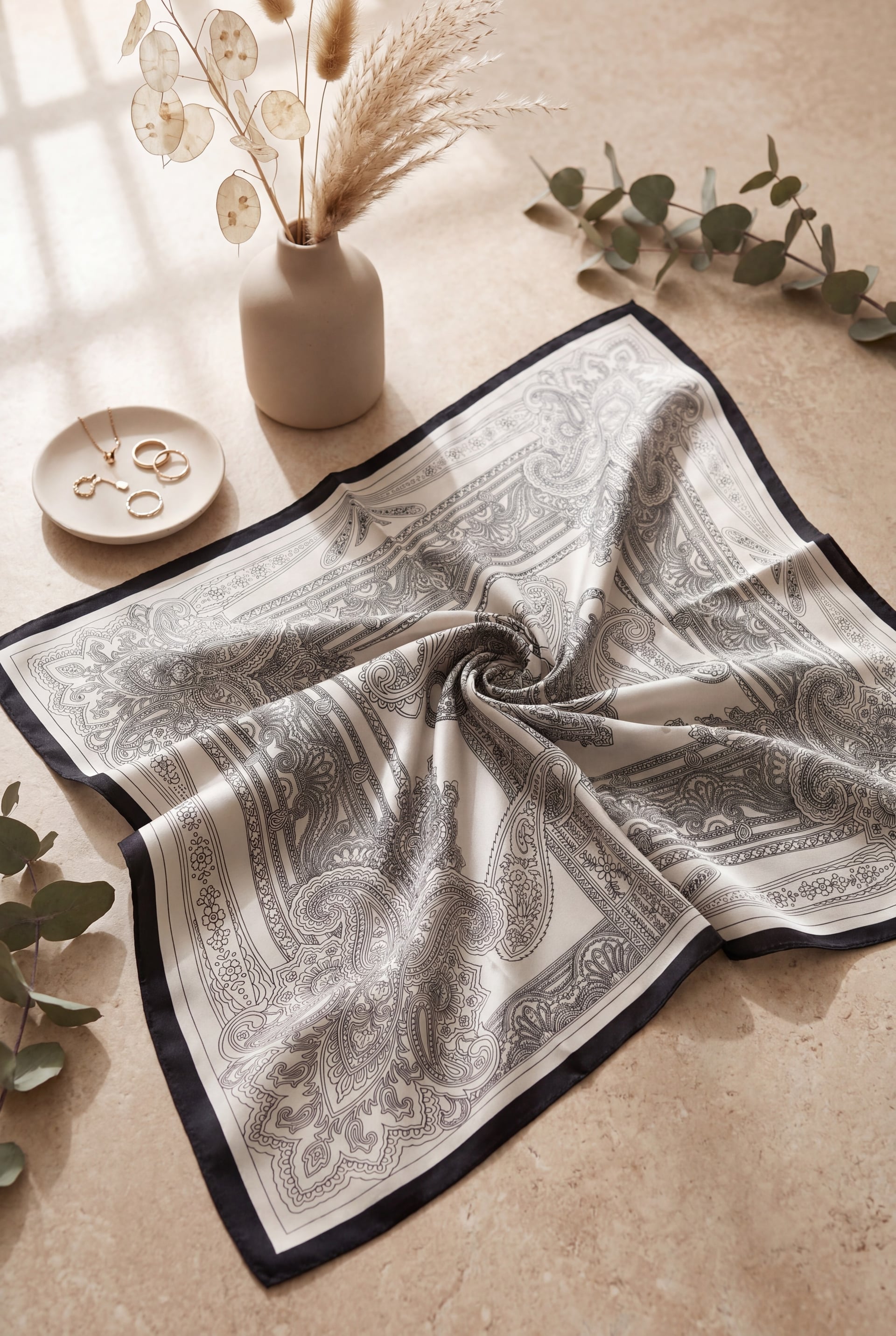 Sketch Print Rayon Scarf - Beige - Podyumplus - by Peralane
