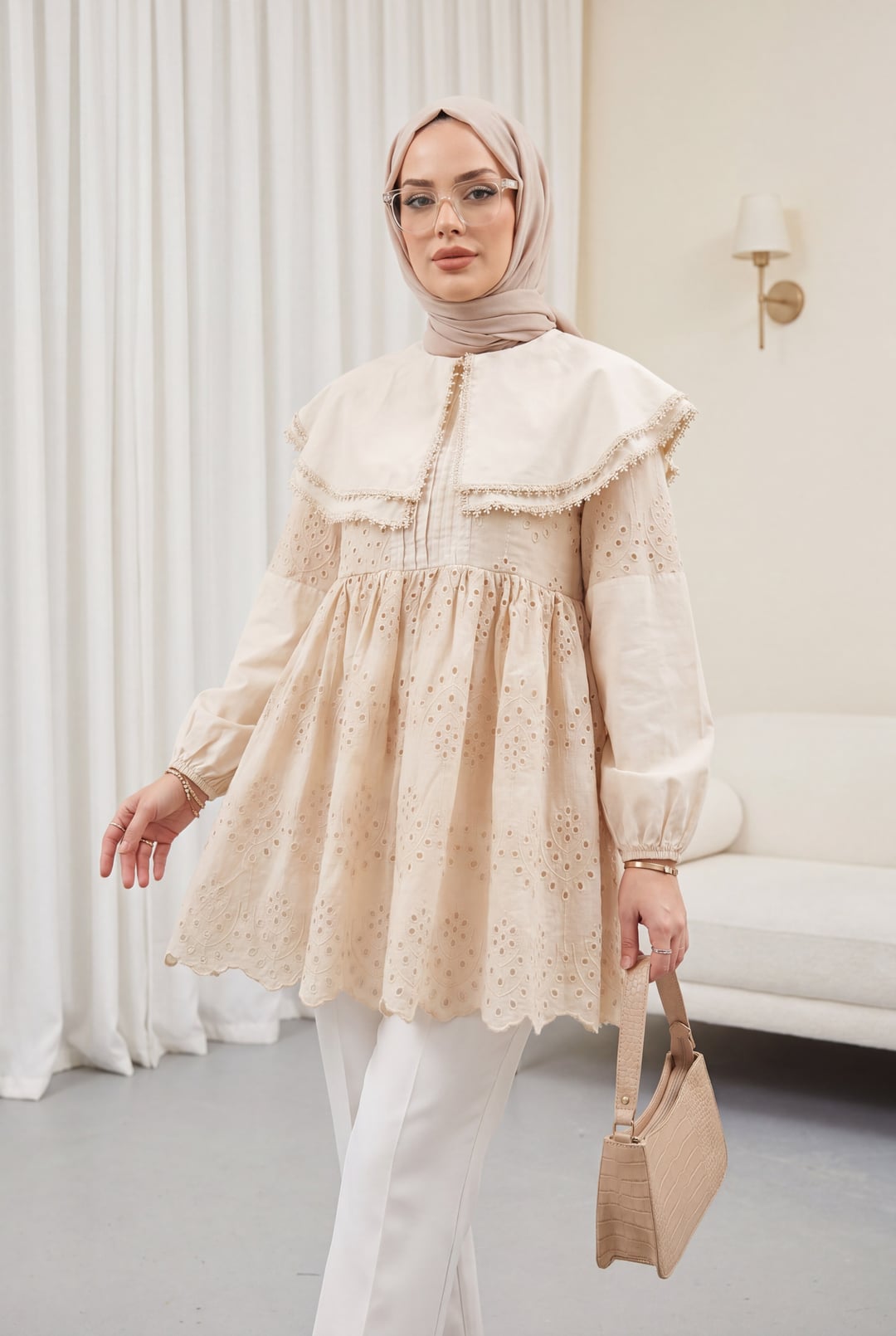 Beige Eyelet Tunic with Ruffled Collar and Elastic Sleeves - Podyumplus - by Peralane