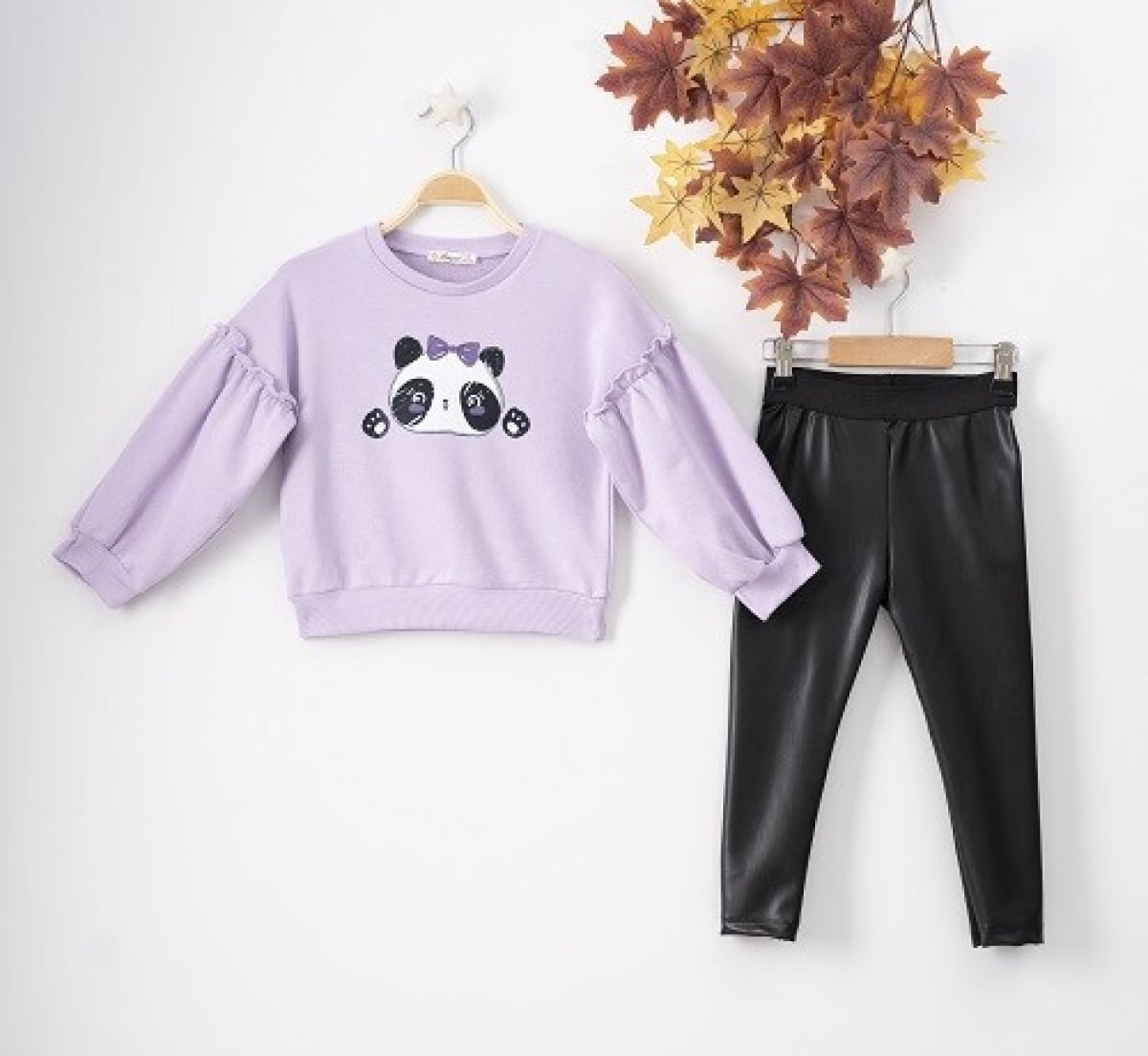Panda Print Sweatshirt and Faux Leather Leggings Set for Girls (3-6 Years) - Busra Bebe - by Peralane