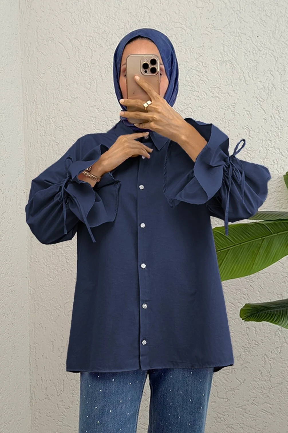 Navy Blue Long-Sleeved Blouse with Gathered Cuffs and Pleated Back - Podyumplus - by Peralane - photo 3