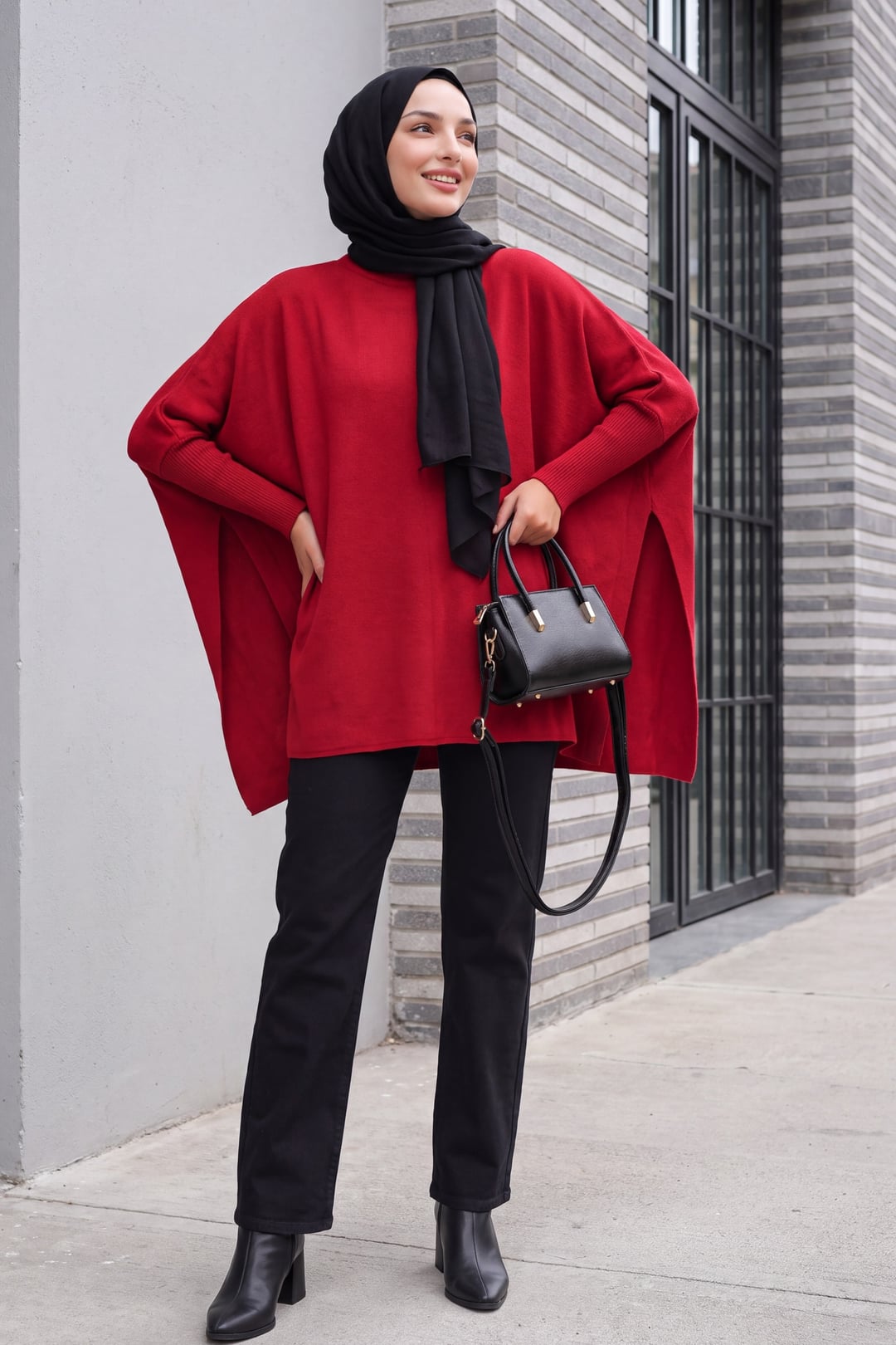 Red Oversize Pancho Knit Tunic with Side Slits - Bigdart - by Peralane - photo 4