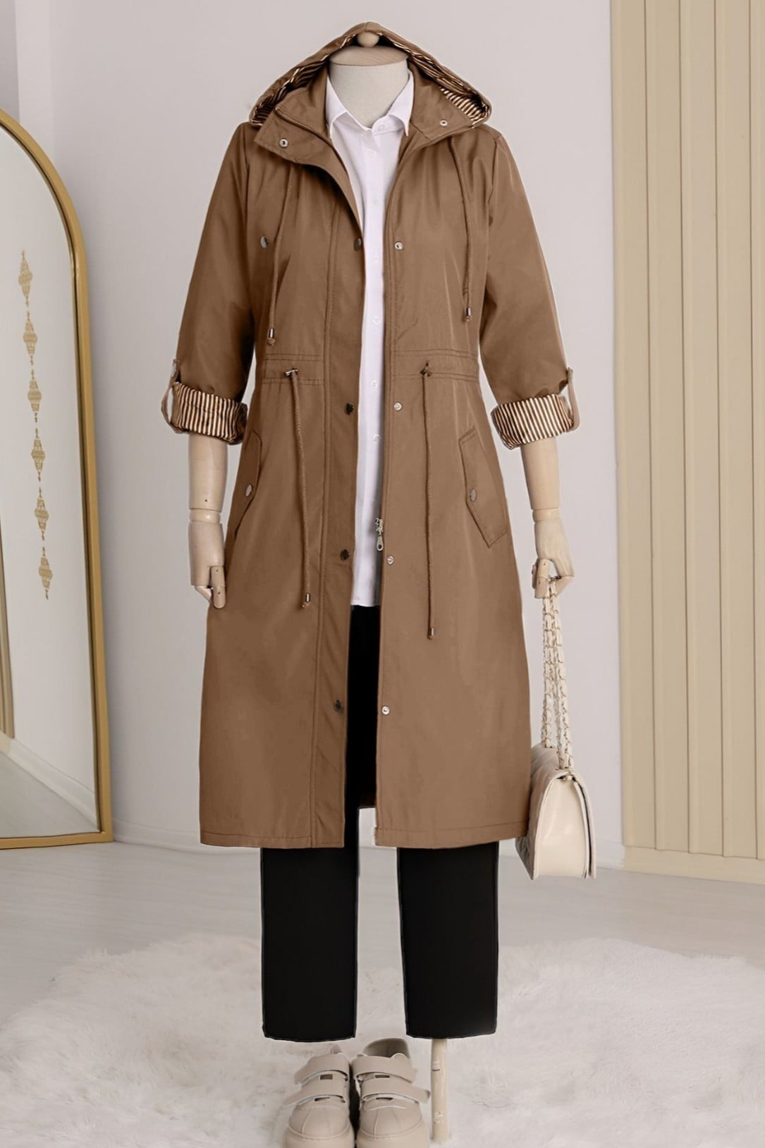 Women's Tan Hooded Lined Trench Coat with Drawstring Waist - Podyumplus - by Peralane - photo 5