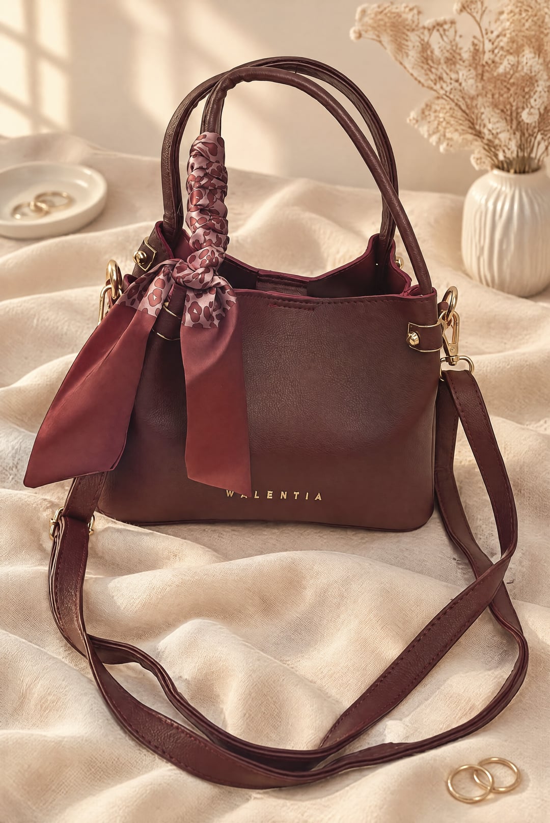 Scarf Detail Shoulder Bag, 3 Compartments - Plum - Podyumplus - by Peralane