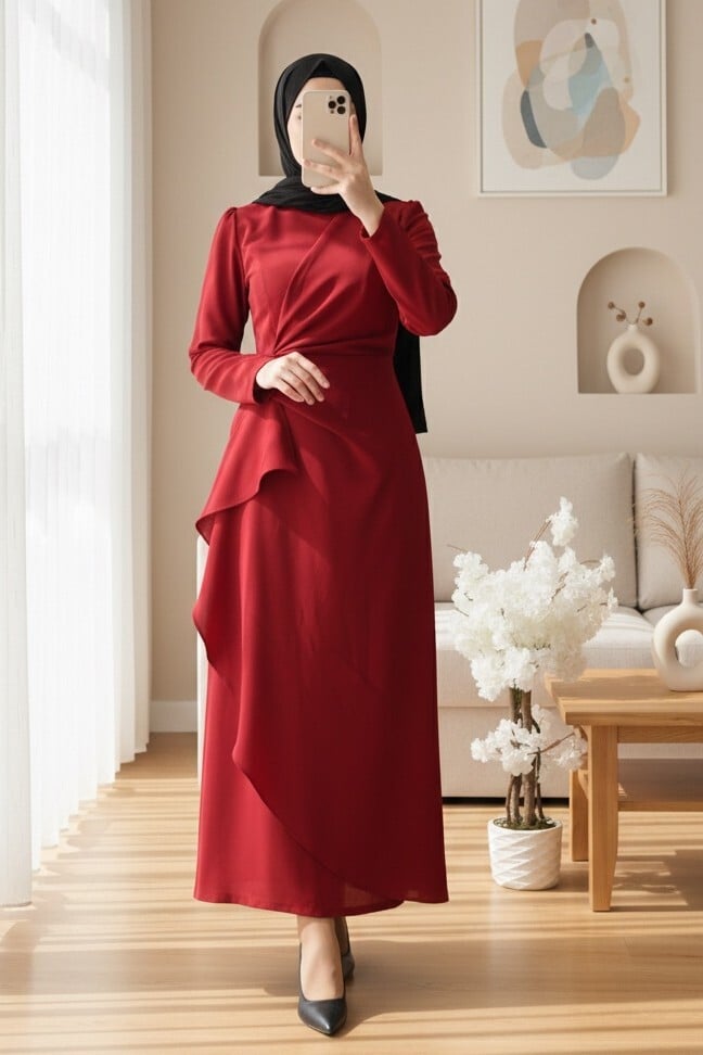 Asymmetric Hem Krep Dress with Front Drape - Red - Podyumplus - by Peralane