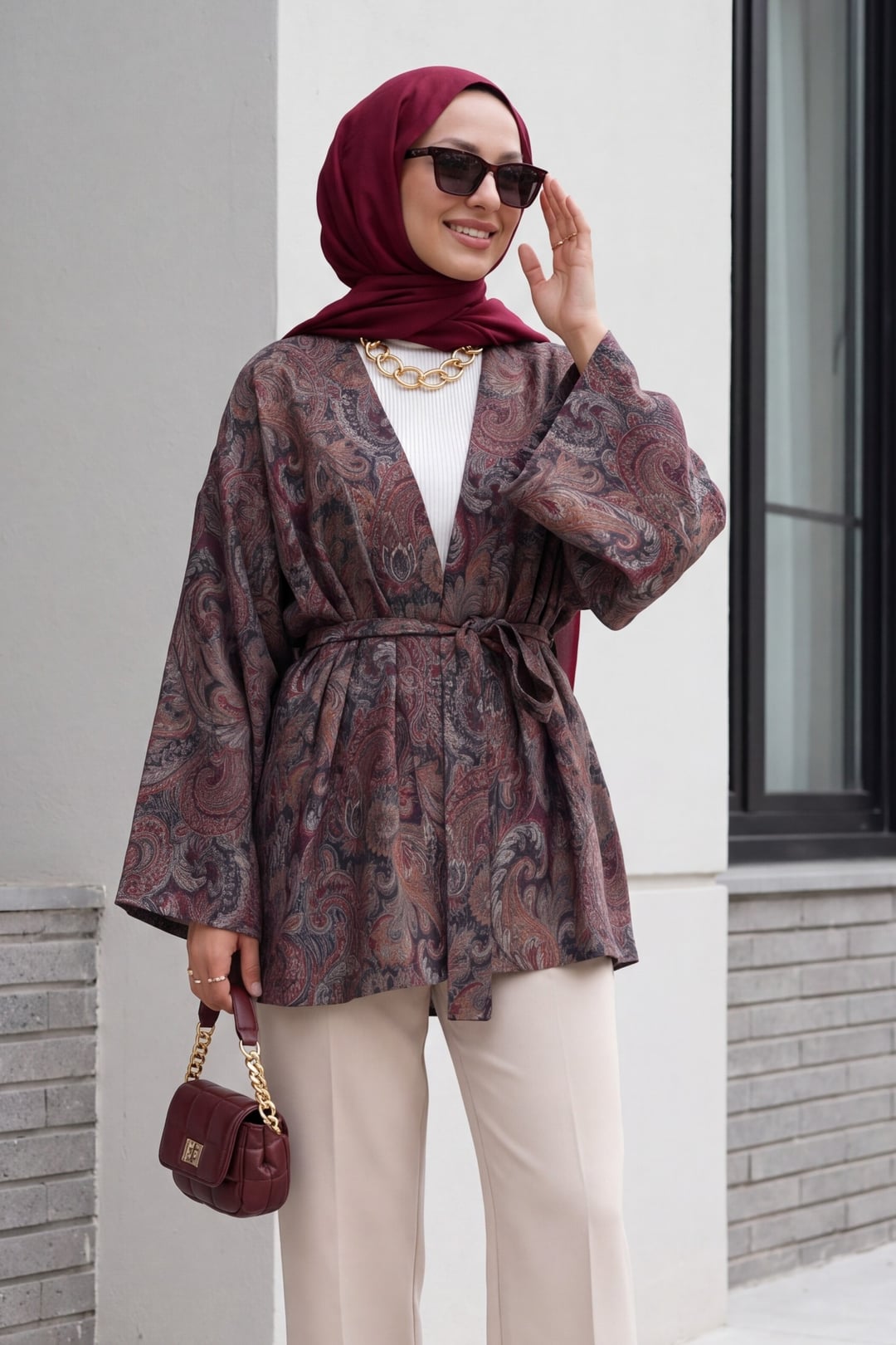 Ethnic Print Tie Waist Kimono in Brown - Podyumplus - by Peralane