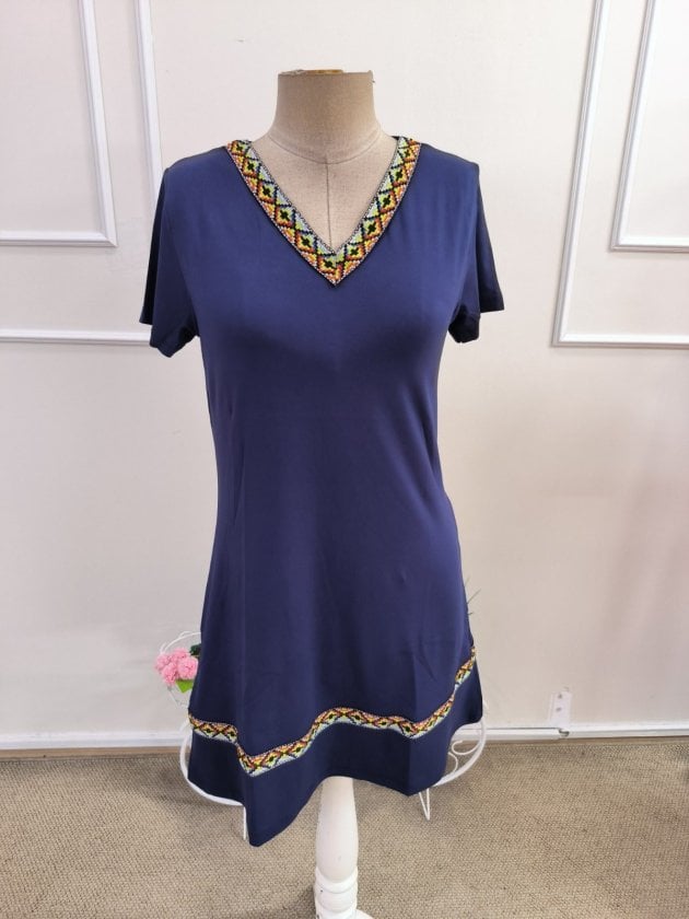 Women's Short Sleeve V-Neck Ethnic Print Trim Viscose Dress - Janes - by Peralane - photo 4