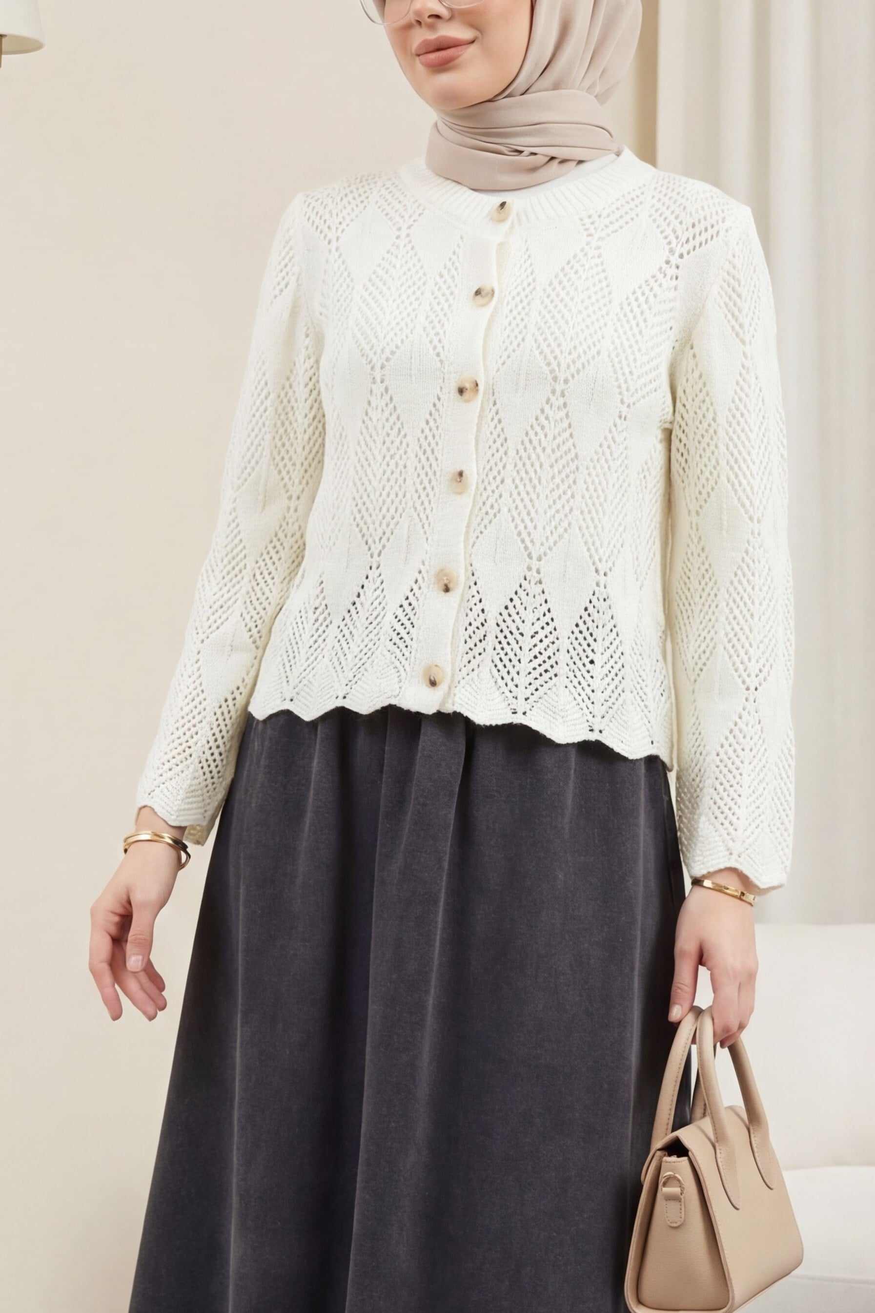 Leaf Pattern Open-Knit Cardigan - Off-White - Podyumplus - by Peralane