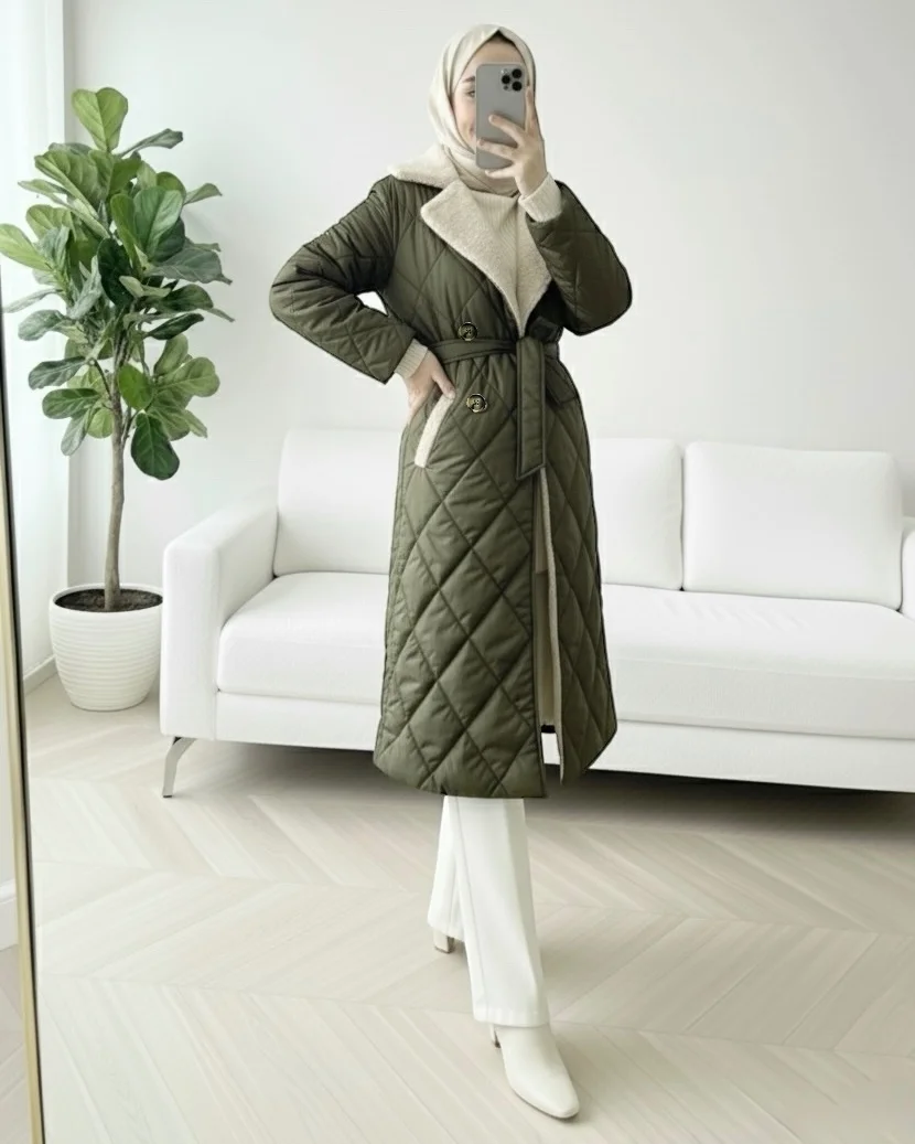 Women's Quilted Coat with Faux Fur Collar and Belt - Khaki - Podyumplus - by Peralane - photo 4