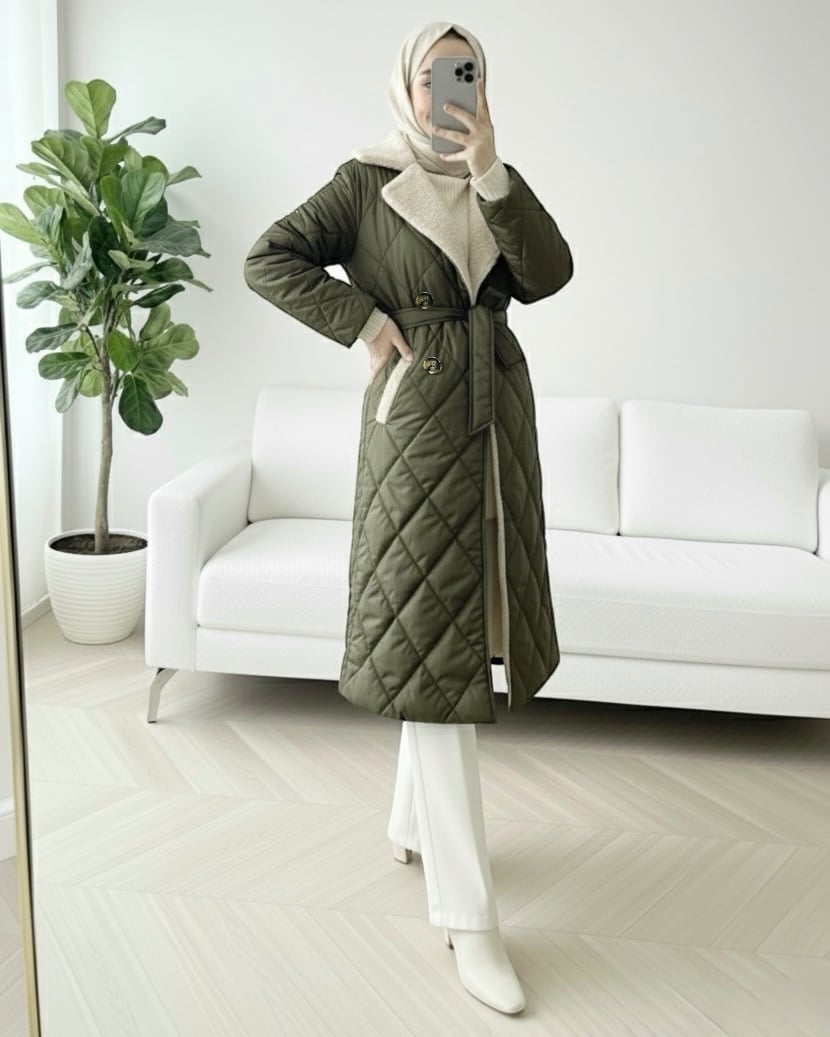 Women's Quilted Coat with Faux Fur Collar and Belt - Khaki - Podyumplus - by Peralane - photo 4