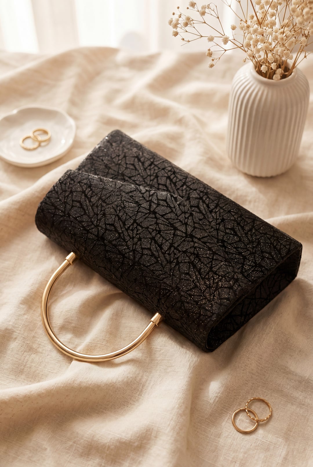 Black Metallic Handle Chain Envelope Clutch Evening Bag - Podyumplus - by Peralane