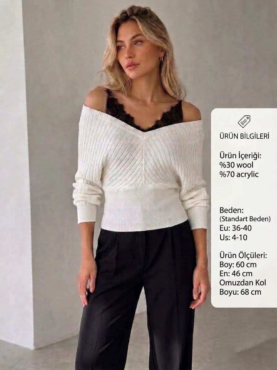 Off-Shoulder Ribbed Knit Sweater with Lace Trim - Cream - My Bee - by Peralane - photo 5