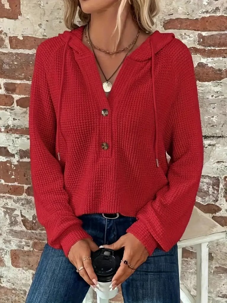 Women's Long Sleeve Hooded Waffle Blouse with Buttons and Drawstring - Janes - by Peralane