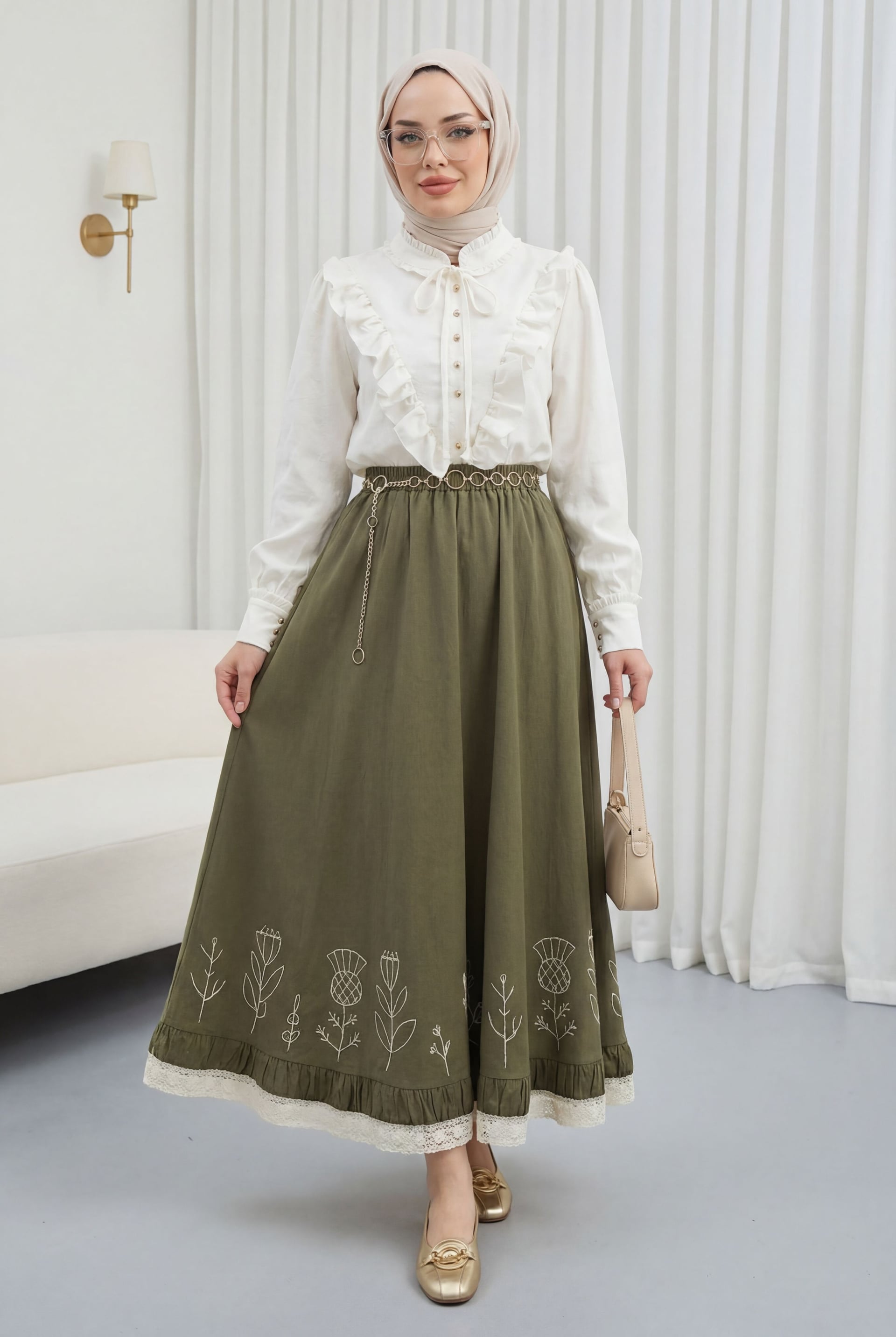 Cream Ruffled Tie-Front Jacquard Blouse with Olive Green Skirt Set - Podyumplus - by Peralane - photo 2