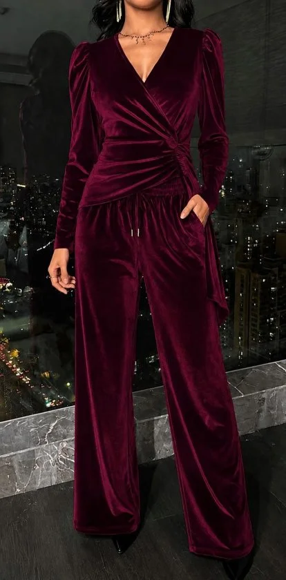 Women's Velvet Wrap Top and Wide-Leg Trousers Two-Piece Set in Burgundy - Janes - by Peralane - photo 2