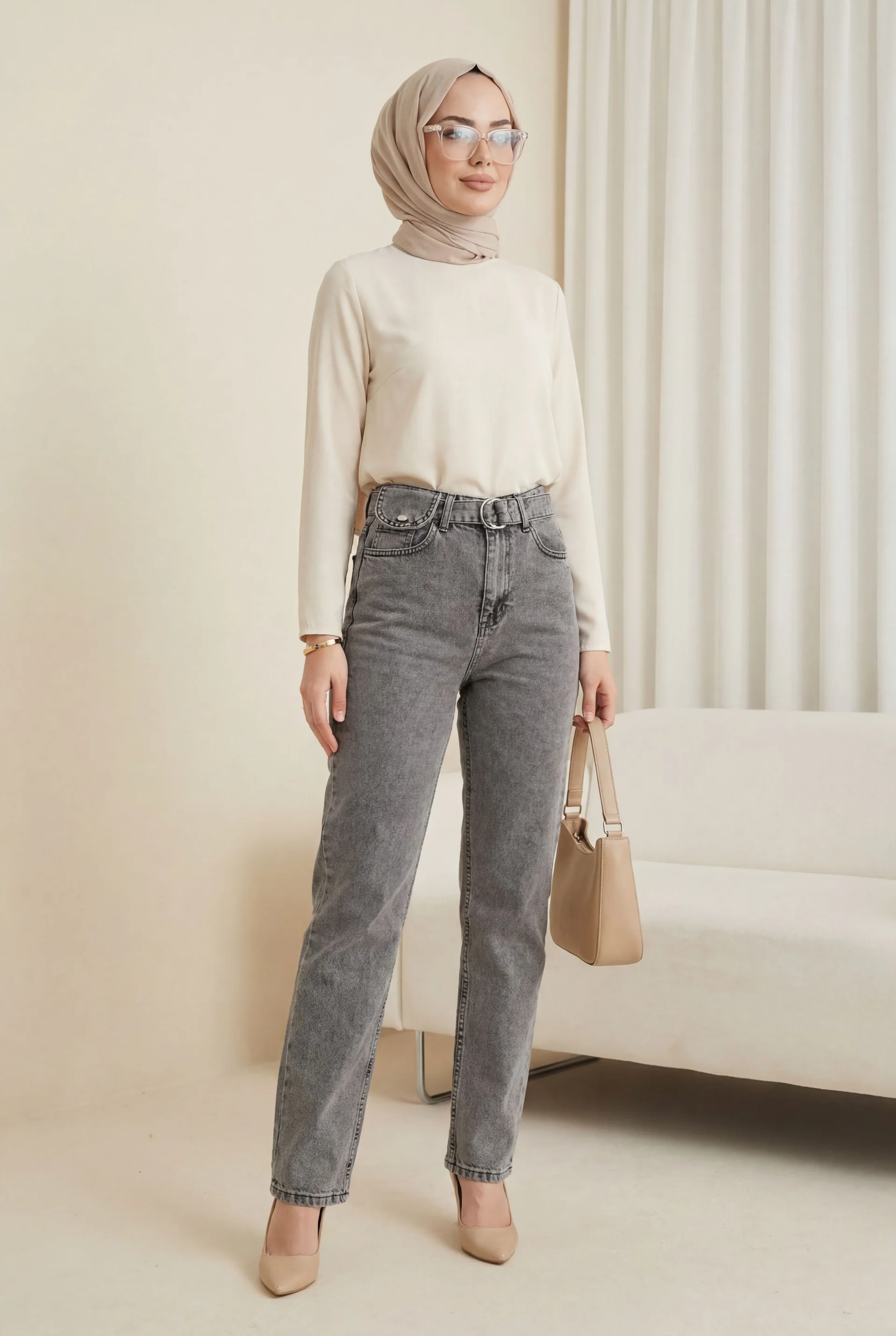 High Waist Belted Denim Trousers with Snap Detail - Smoke Grey - Podyumplus - by Peralane - photo 6
