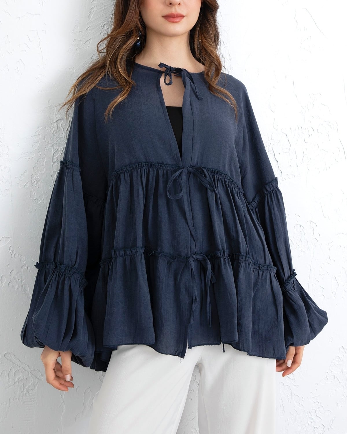 Navy Blue Tie-Front Layered Modal Tunic - Podyumplus - by Peralane - photo 3
