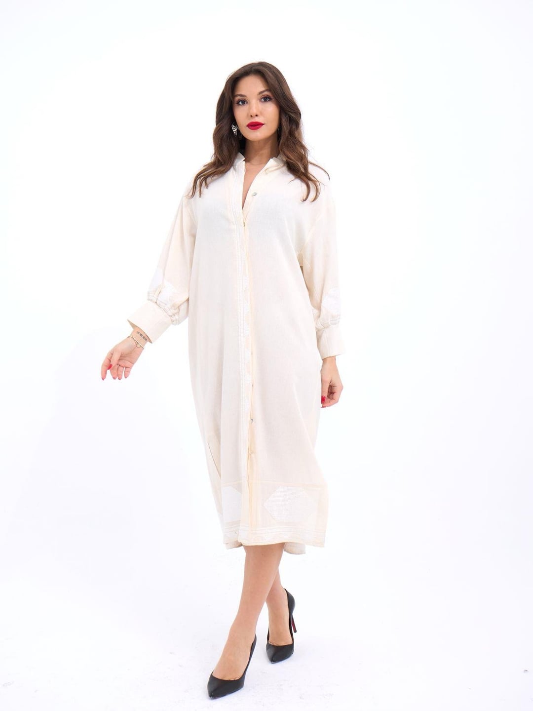 Cream Linen Blend Midi Shirt Dress with Embroidery - Fame - by Peralane
