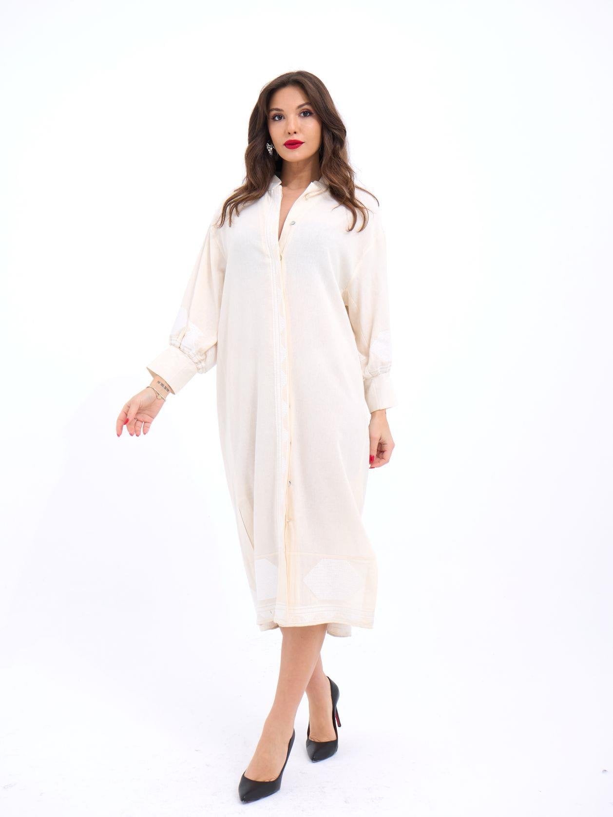 Cream Linen Blend Midi Shirt Dress with Embroidery - Fame - by Peralane