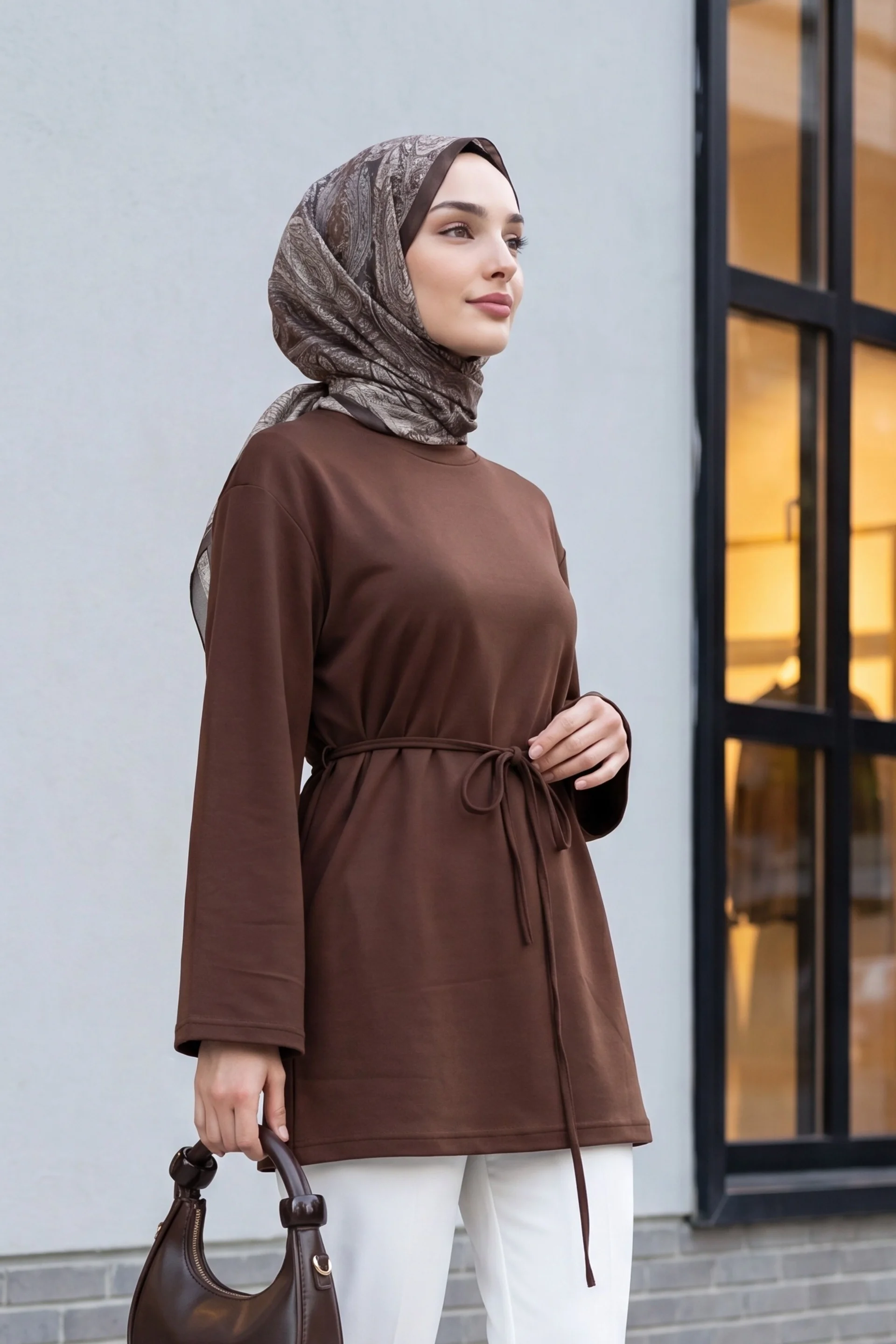Round Neck Drawstring Waist Jersey Tunic - Brown - Podyumplus - by Peralane - photo 5
