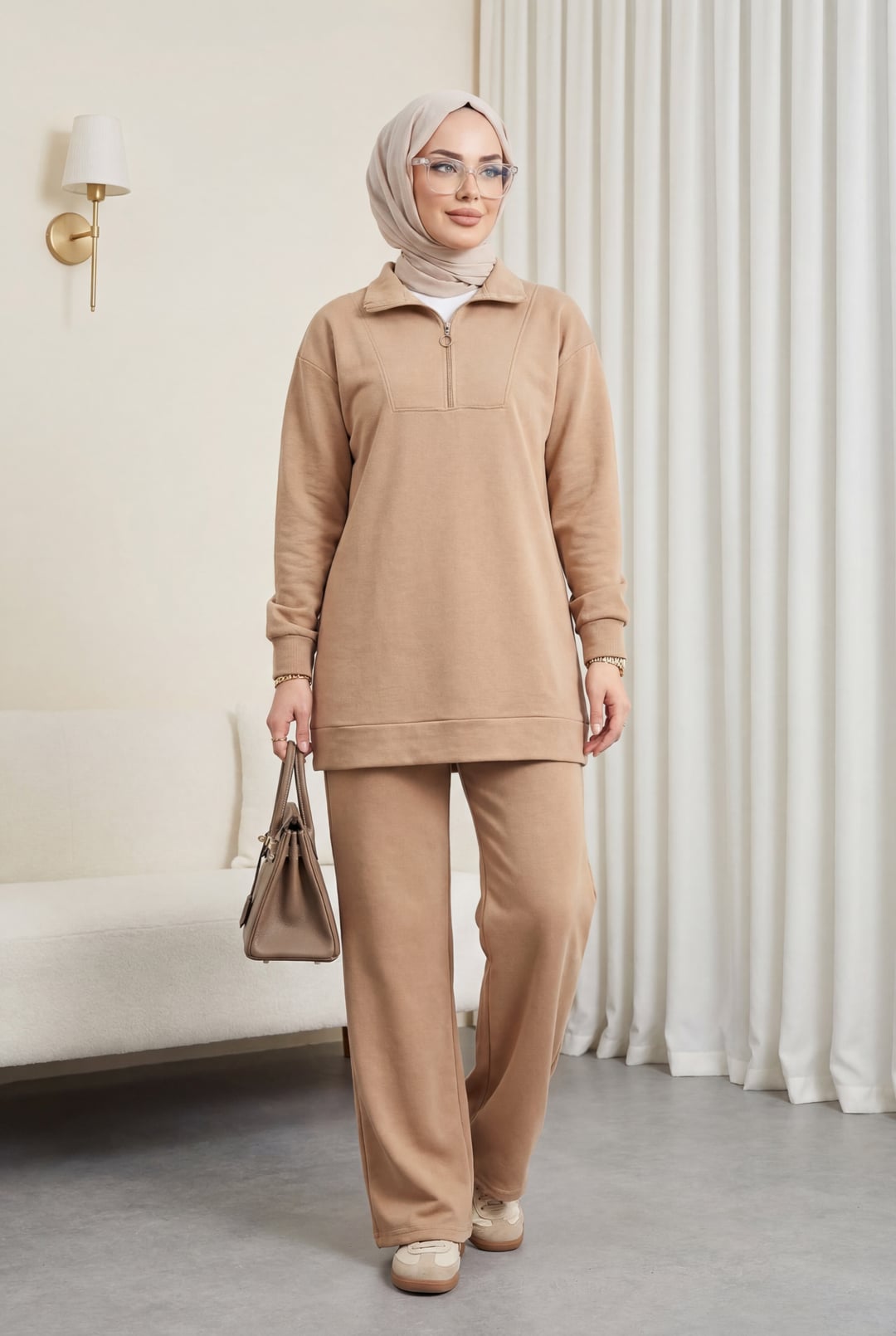 Half Zip Turtleneck Two-Piece Lounge Set - Mink - Podyumplus - by Peralane - photo 4