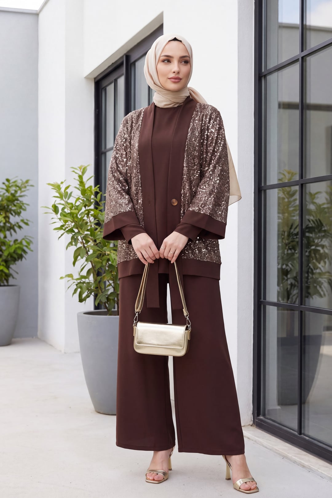 Sequin Mesh Cardigan 3-Piece Set - Brown - Podyumplus - by Peralane - photo 4