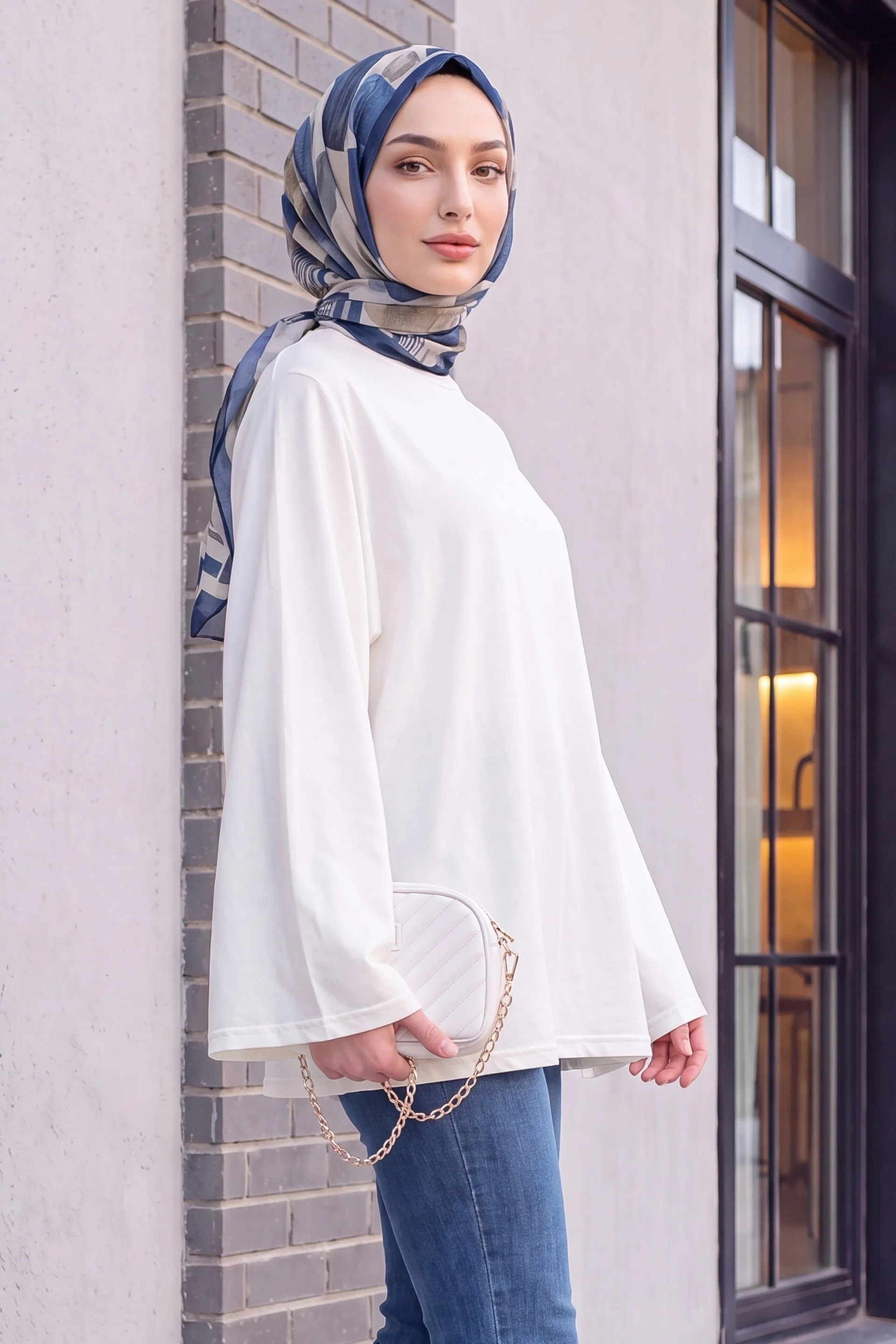 Crew Neck Spanish Sleeve Padded Shoulder Undershirt Blouse - Ecru - Podyumplus - by Peralane - photo 7