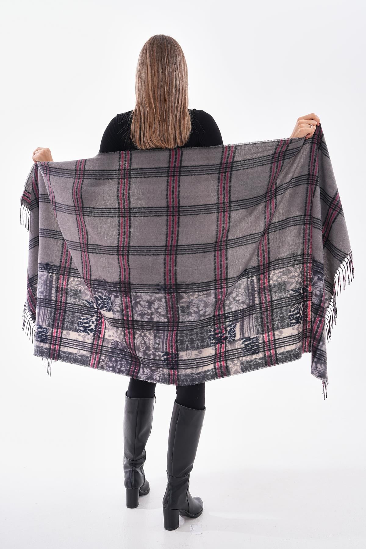 Grey Plaid Scarf with Contrast Floral Band and Fringes - Nesvay - by Peralane - photo 3