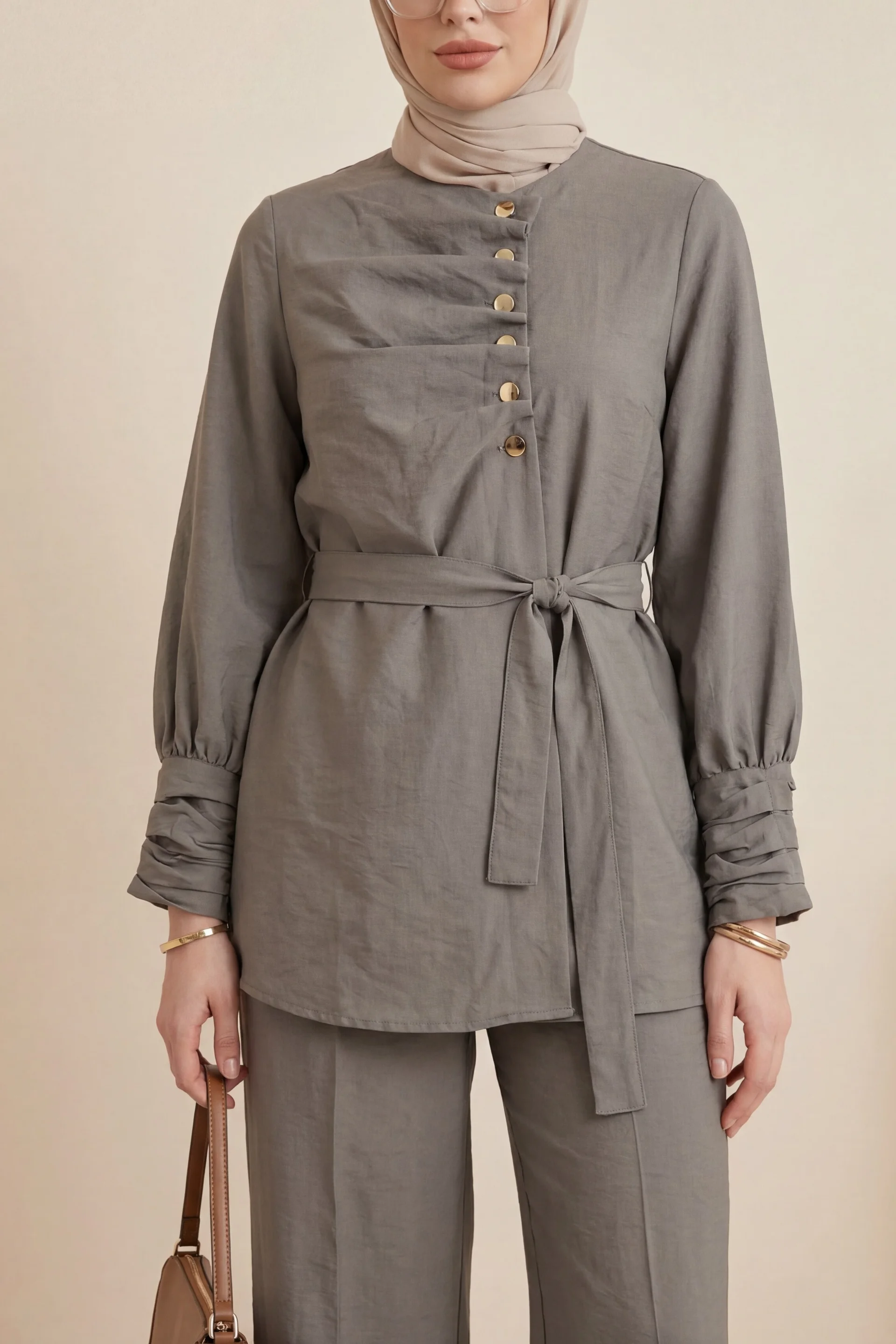 Cupra Two-Piece Set with Tunic Top and Wide-Leg Trousers - Taupe - Podyumplus - by Peralane - photo 2