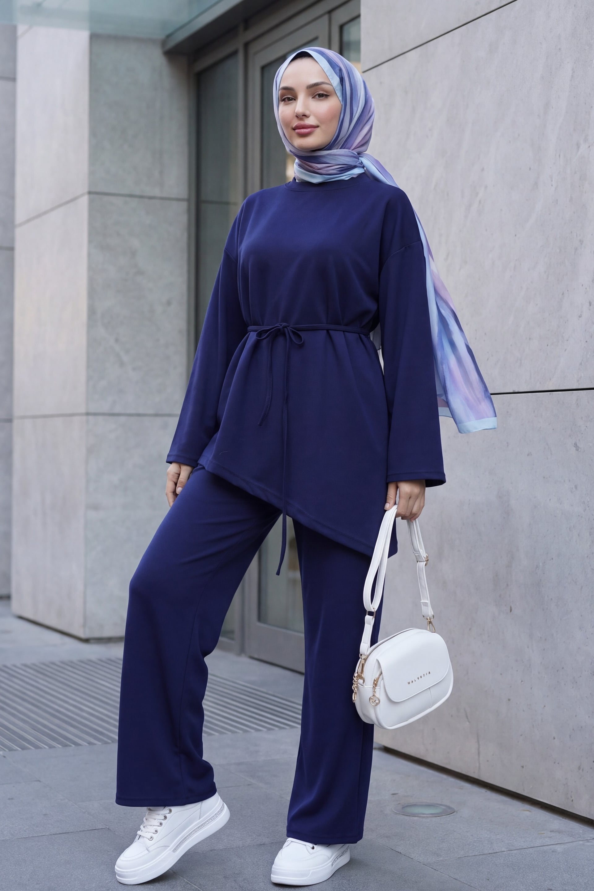Asymmetric Cut Belted Oversize Jersey Co-ord Set with Trousers - Navy - Podyumplus - by Peralane - photo 3