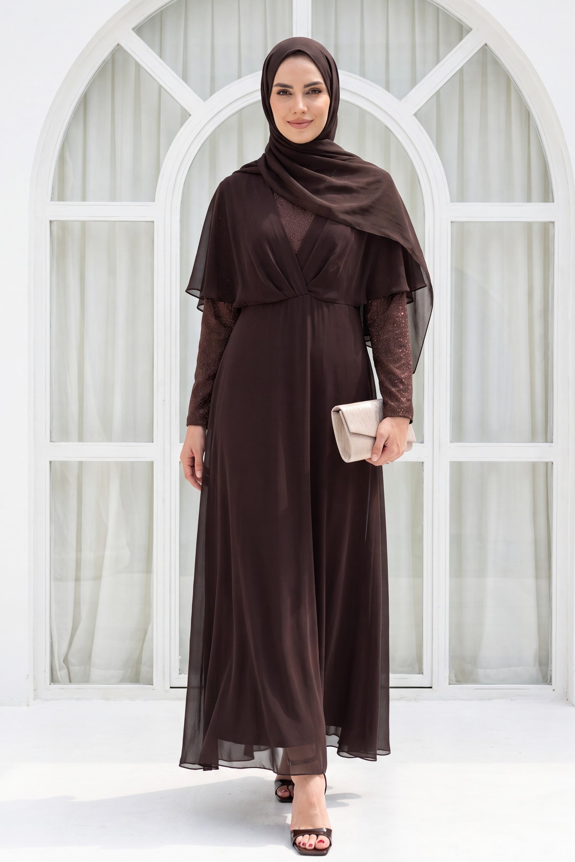Sequin Tulle Detail Long Chiffon Abaya Dress - Dark Brown - Podyumplus - by Peralane - photo 5