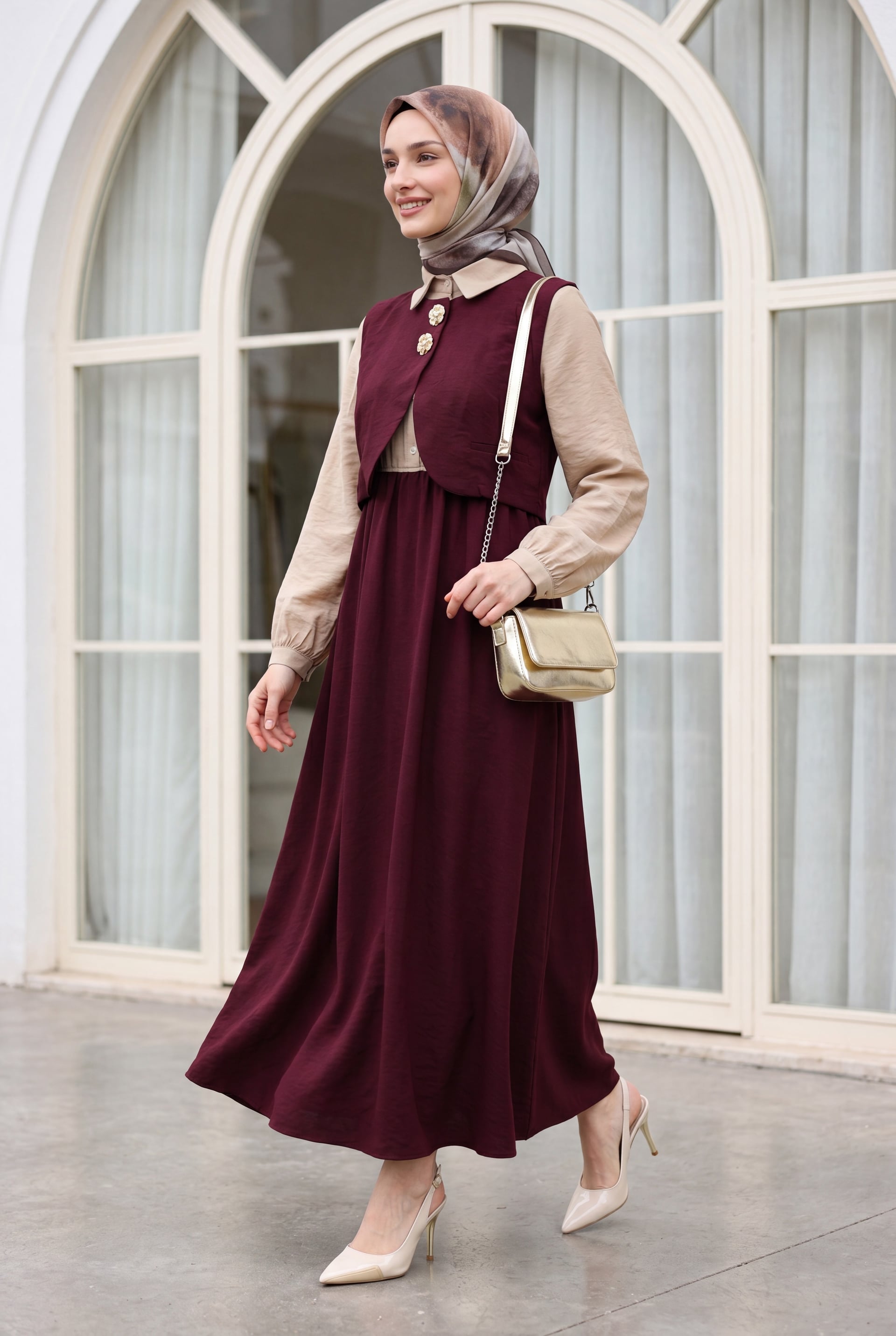 Long Modal Dress with Snap-Front Mini Vest and Elastic Waist - Burgundy - Podyumplus - by Peralane