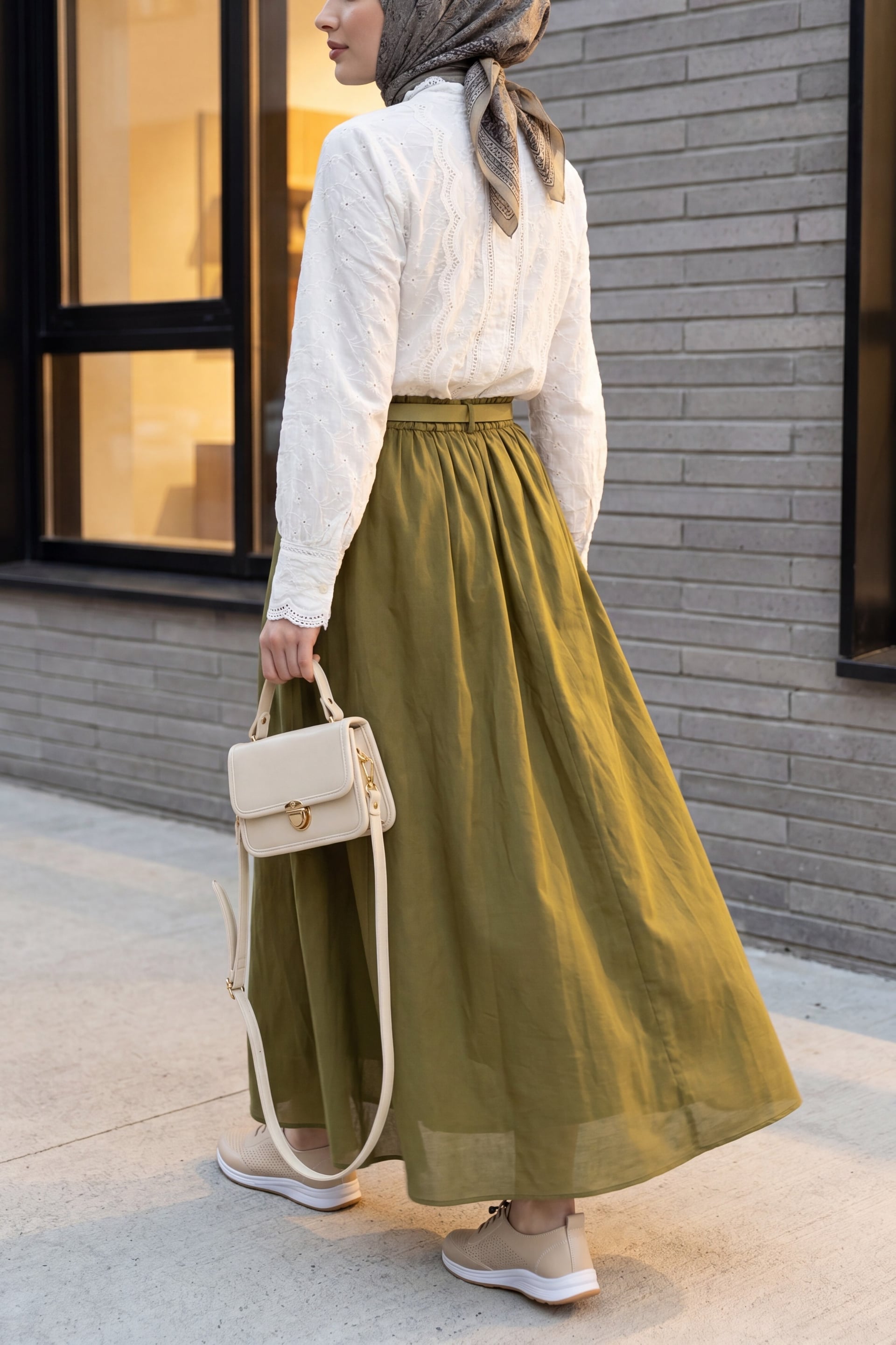 Pocket Belted Lined Cotton Voile Skirt - Olive Green - Podyumplus - by Peralane - photo 2