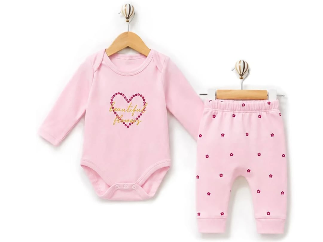 Heart Print Flower Pattern Baby Girl Set - Pink - Supermini - by Peralane