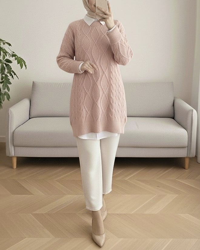 Pale Pink Cable Knit Sweater with Petek Pattern - Podyumplus - by Peralane - photo 2