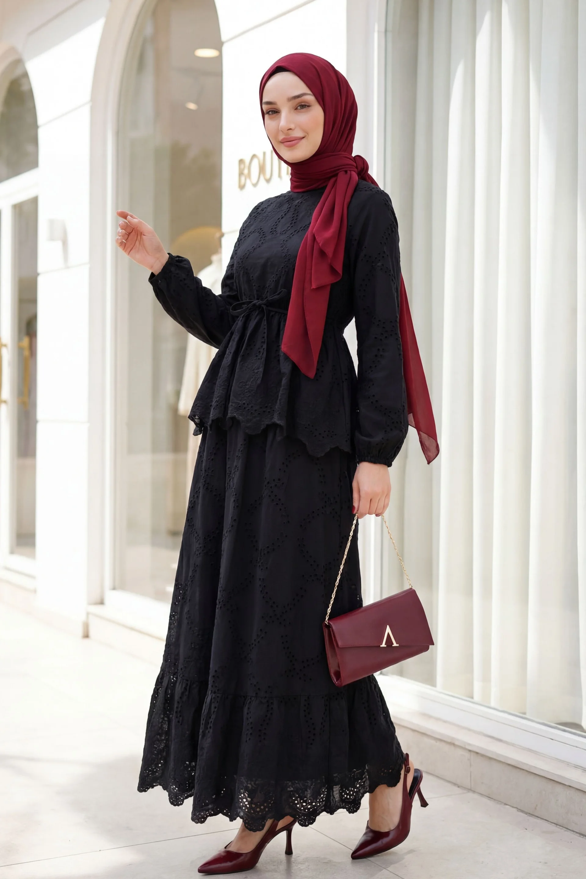 Black Linen-Look Eyelet Two-Piece Set with Scalloped Hem - Podyumplus - by Peralane - photo 4