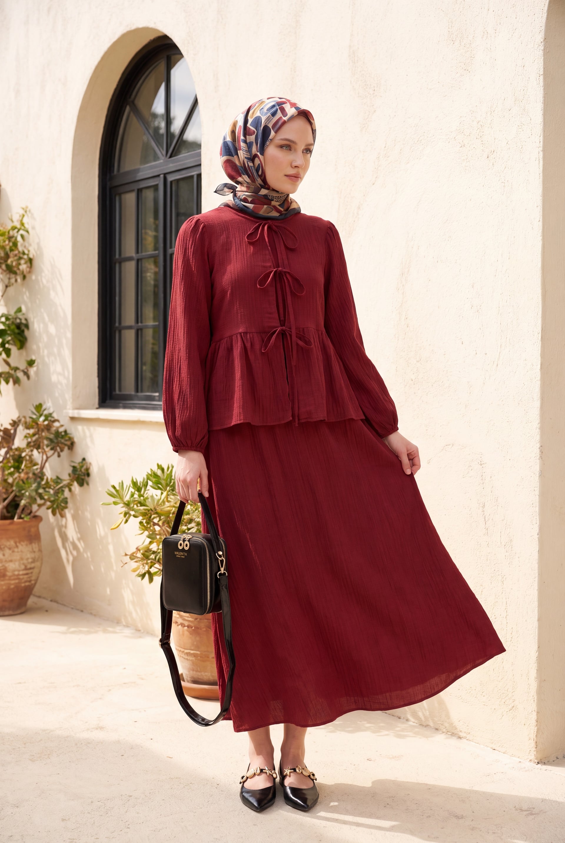 Front Tie Elastic Cuff Peplum Top and Maxi Skirt Set in Bordeaux - Podyumplus - by Peralane - photo 2