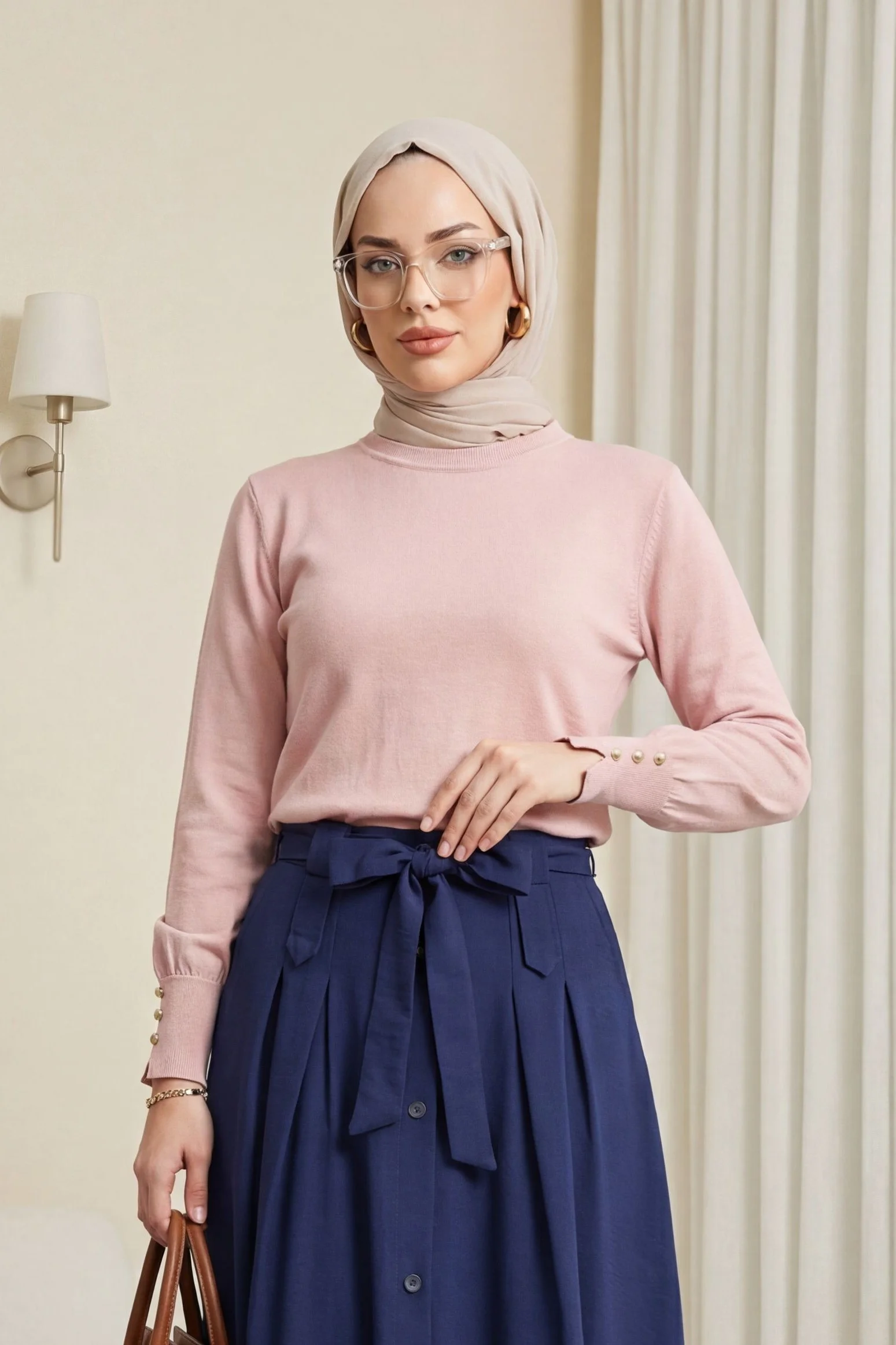 Women's Round Neck Knit Tunic with Button Cuff Detail - Powder Pink - Podyumplus - by Peralane