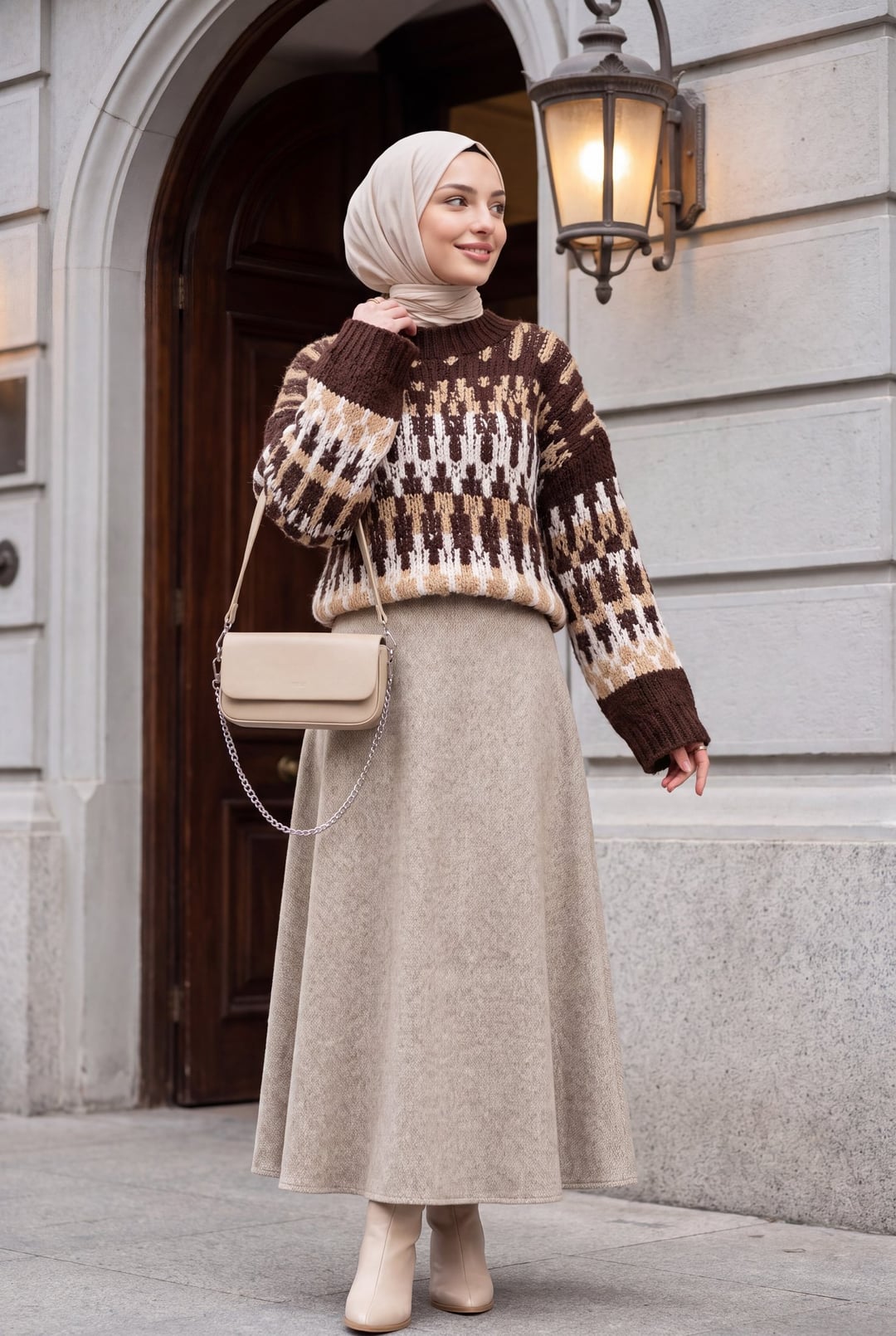 Three-Colour Patterned Thick Knit Sweater - Brown - Podyumplus - by Peralane - photo 3