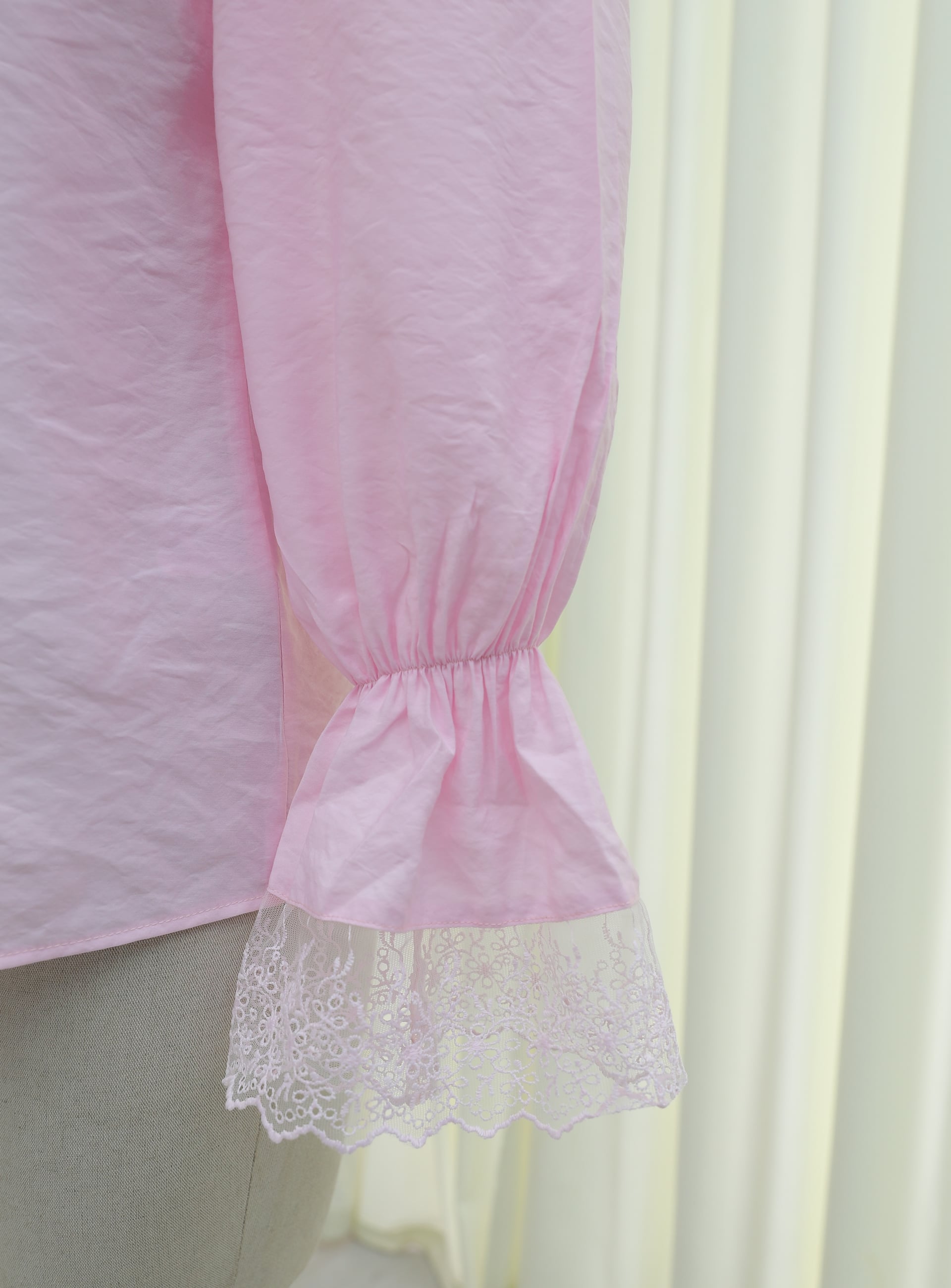 Hakim Collar Elastic Cuff Lace Detail Button Modal Blouse - Powder - Podyumplus - by Peralane - photo 9