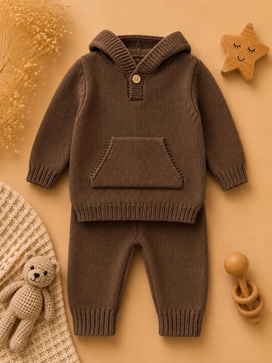 2-Piece Knitted Baby Set - Brown - 0-9 Months - Has Bereket - by Peralane