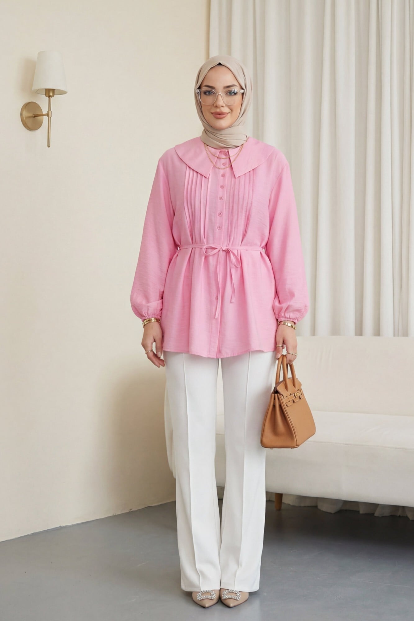Pink Strawberry Print Pleated Blouse with Tie Belt - Podyumplus - by Peralane - photo 2