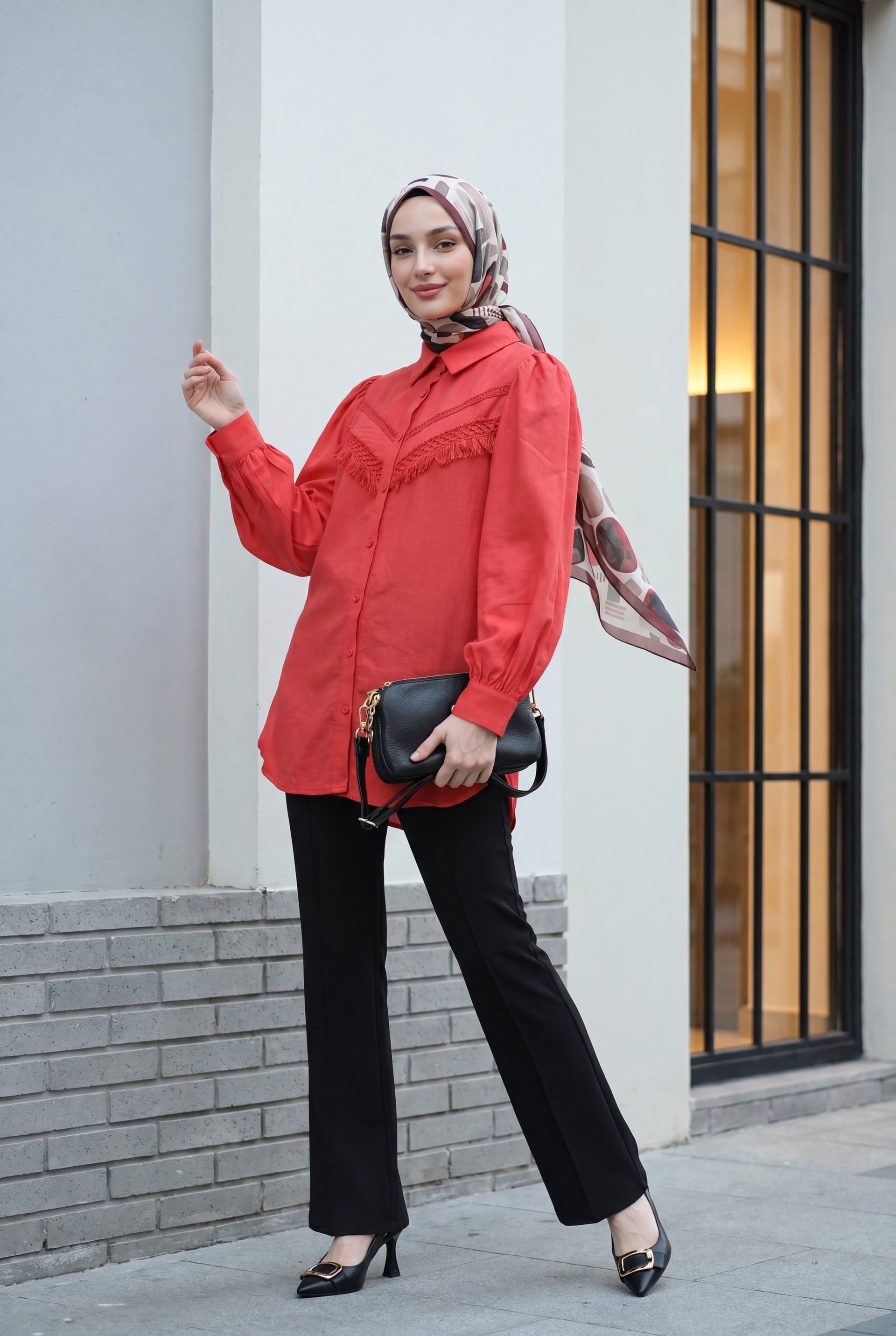 Fringe Lace Balloon Sleeve Blouse - Coral Red - Podyumplus - by Peralane - photo 3