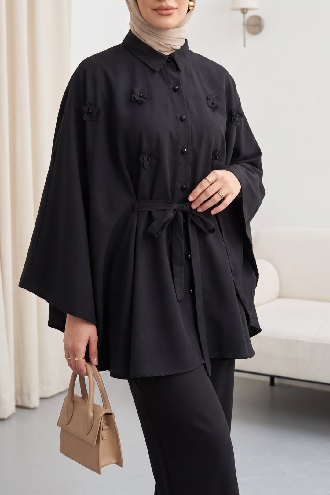 Beaded Floral Detail Belted Poplin Poncho - Black - Podyumplus - by Peralane - photo 2