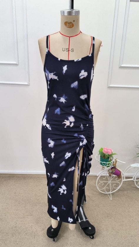 Women's Spaghetti Strap Round Neck Patterned Side Ruched Midi Supreme Dress - Janes - by Peralane - photo 6