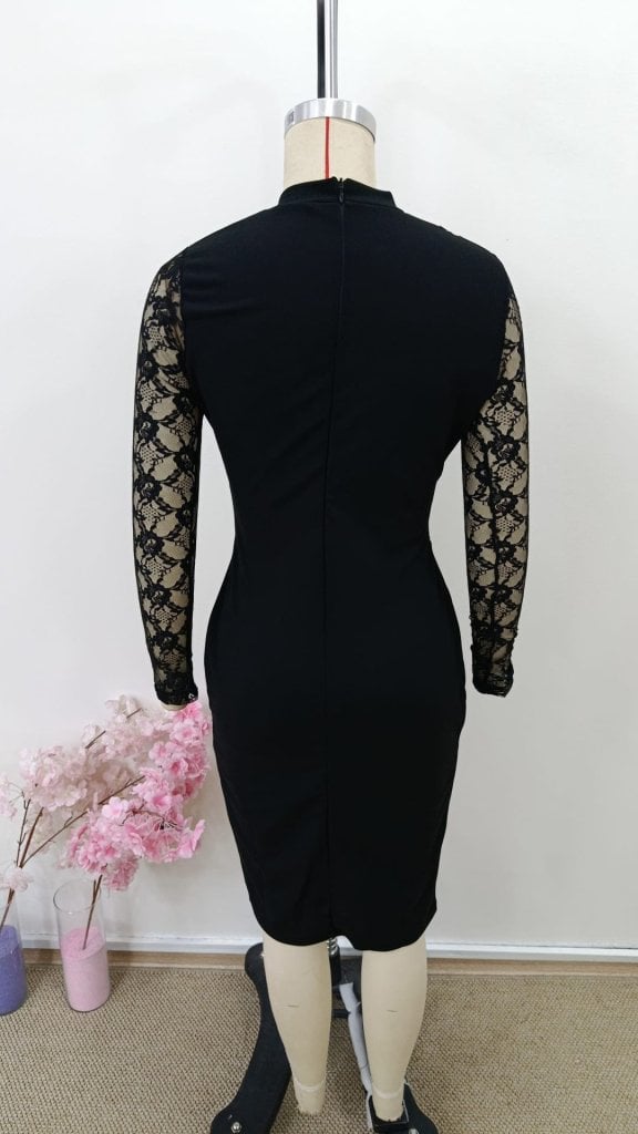 Women's Long Sleeve High Neck Lace Detail Side Slit Mini Crepe Dress - Janes - by Peralane - photo 8