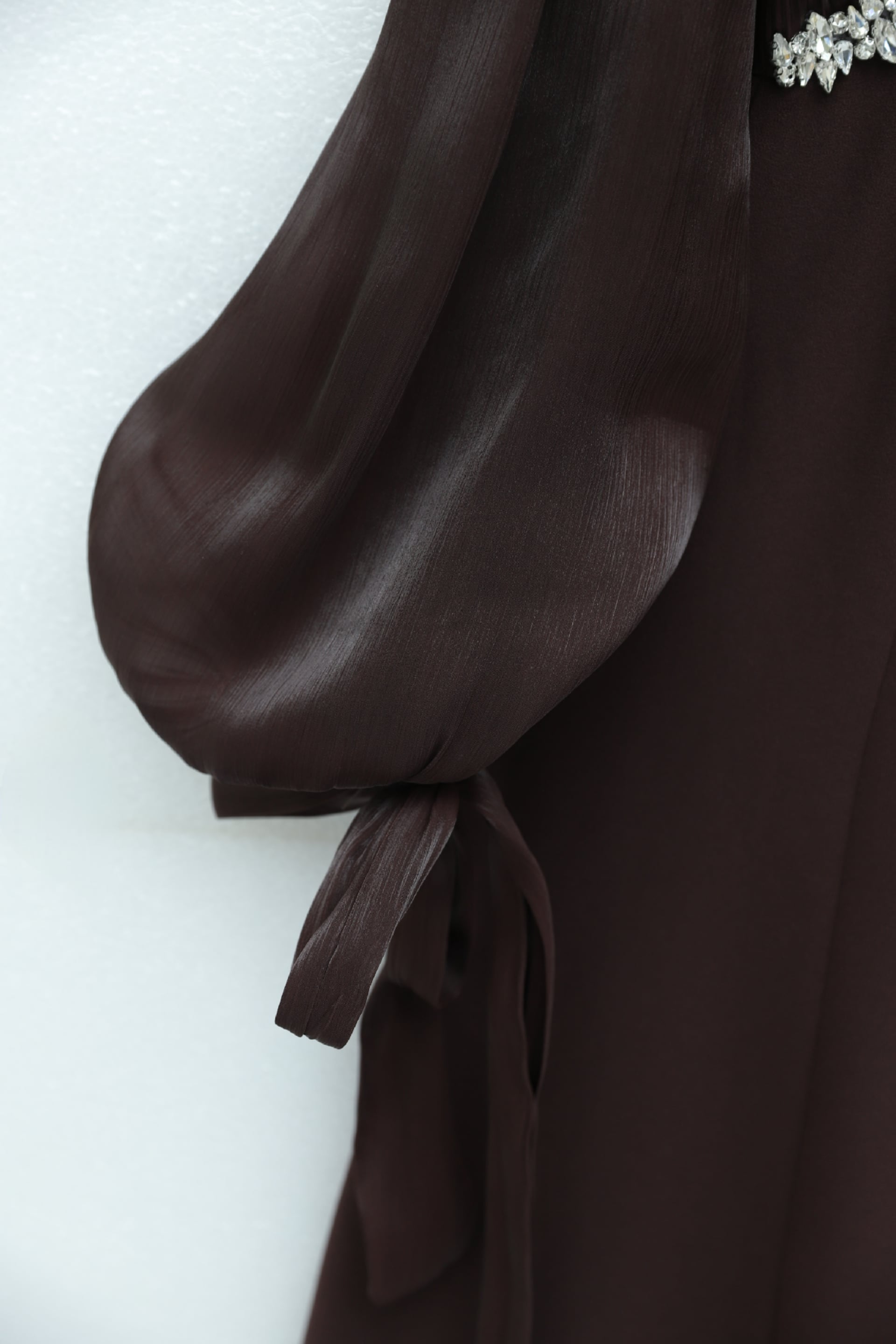 Brown Lace-Up Neck and Sleeves Pleated Satin Skirt Crepe Dress - Podyumplus - by Peralane - photo 6