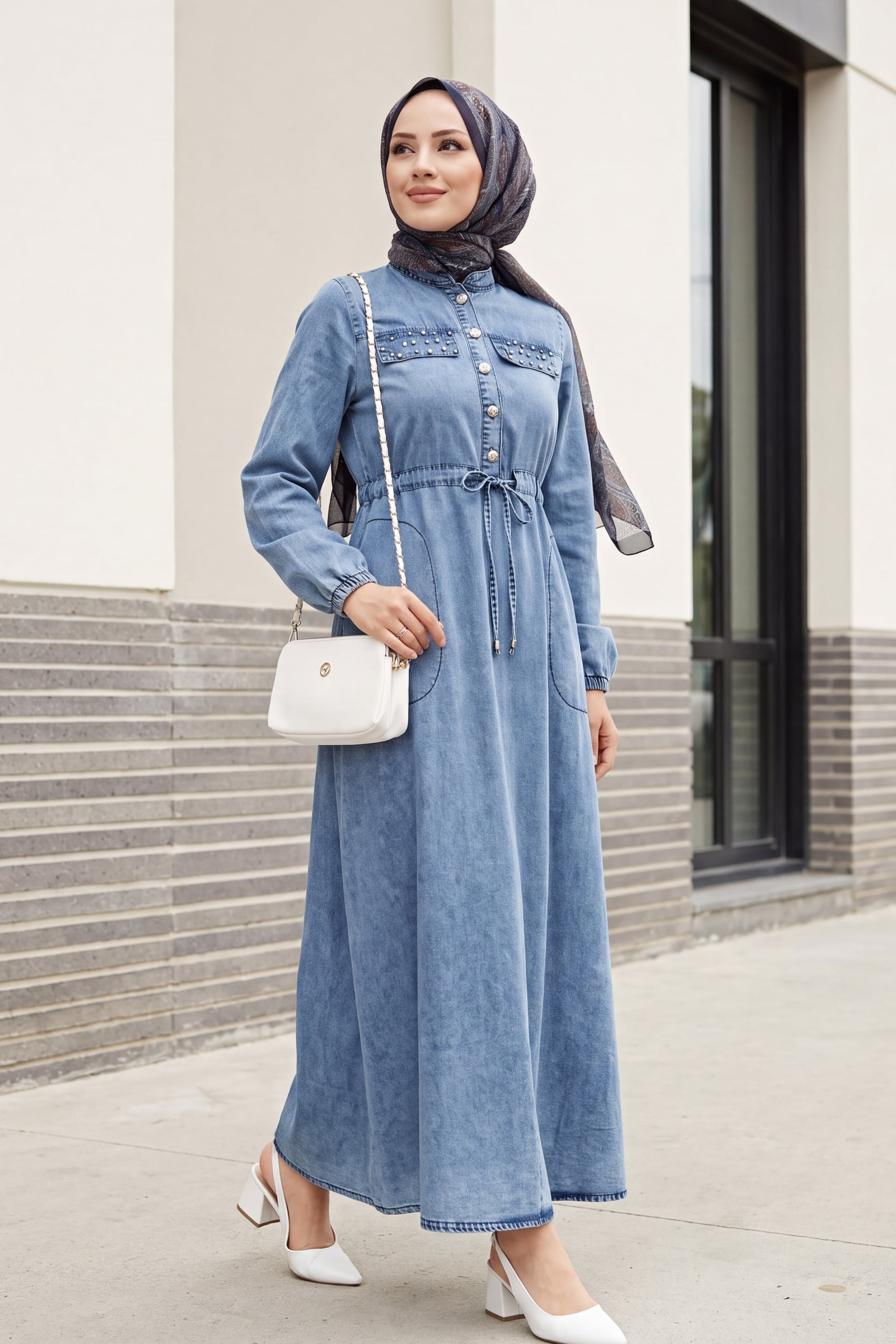 Studded Pocket Tunnel Drawstring Denim Dress - Ice Blue - Podyumplus - by Peralane