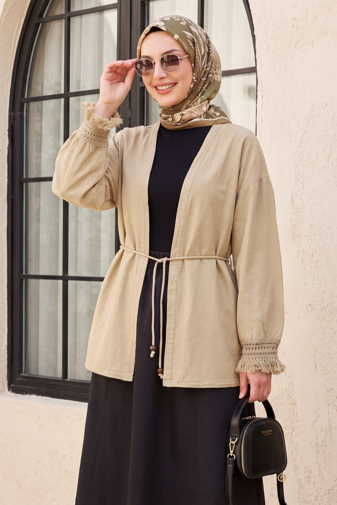 Fringed Sleeve Belted Linen Kimono - Mink - Podyumplus - by Peralane - photo 2
