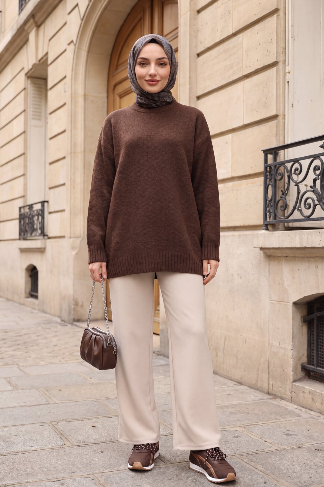 Ribbed Hem Slouchy Knit Tunic - Brown - Podyumplus - by Peralane - photo 4
