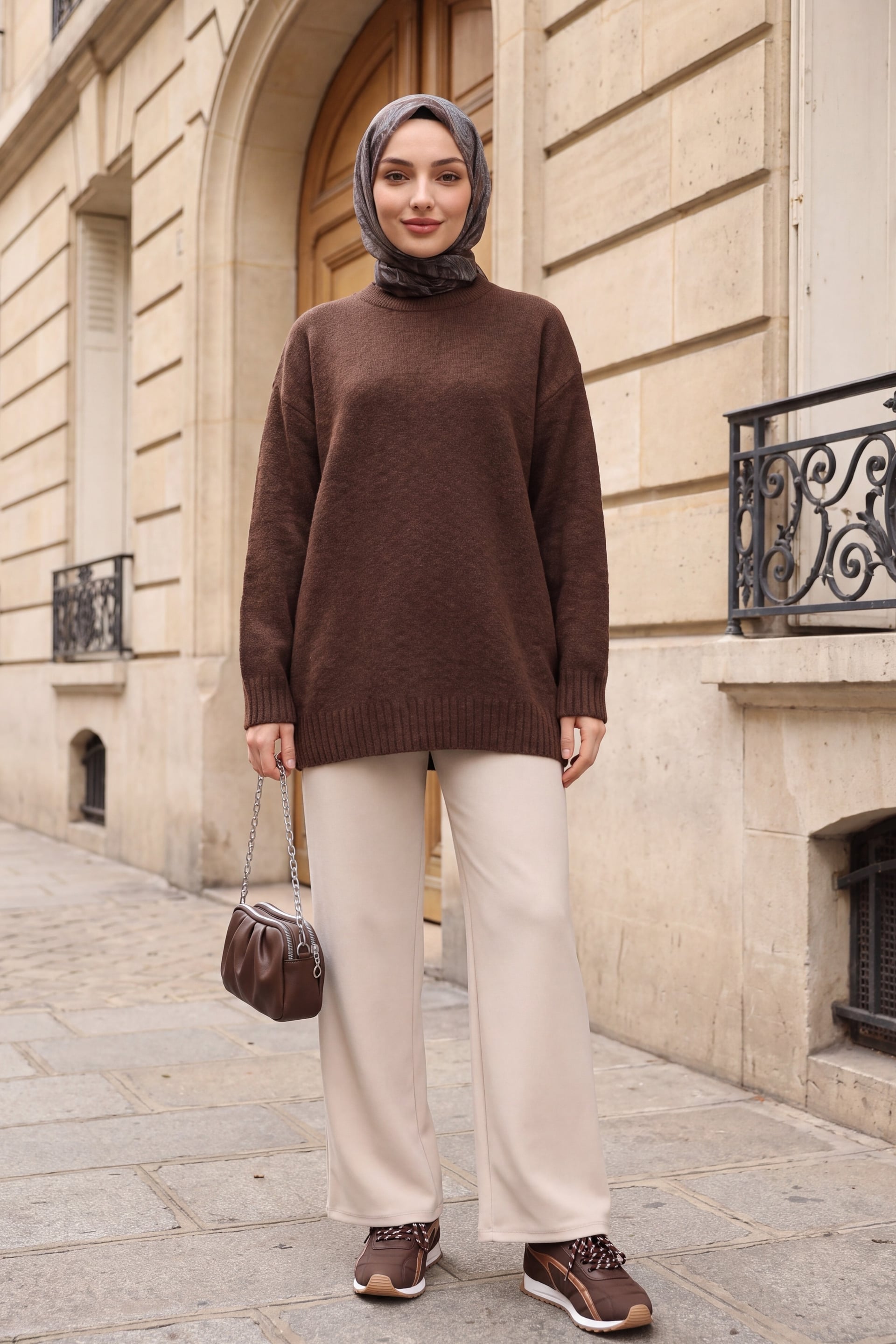 Ribbed Hem Slouchy Knit Tunic - Brown - Podyumplus - by Peralane - photo 4